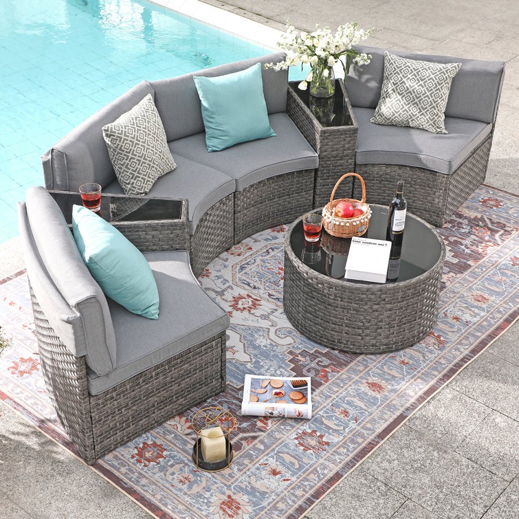 7pcs Outdoor Curved Sofas Wicker Half-Moon Sectional Set, 4 Colors