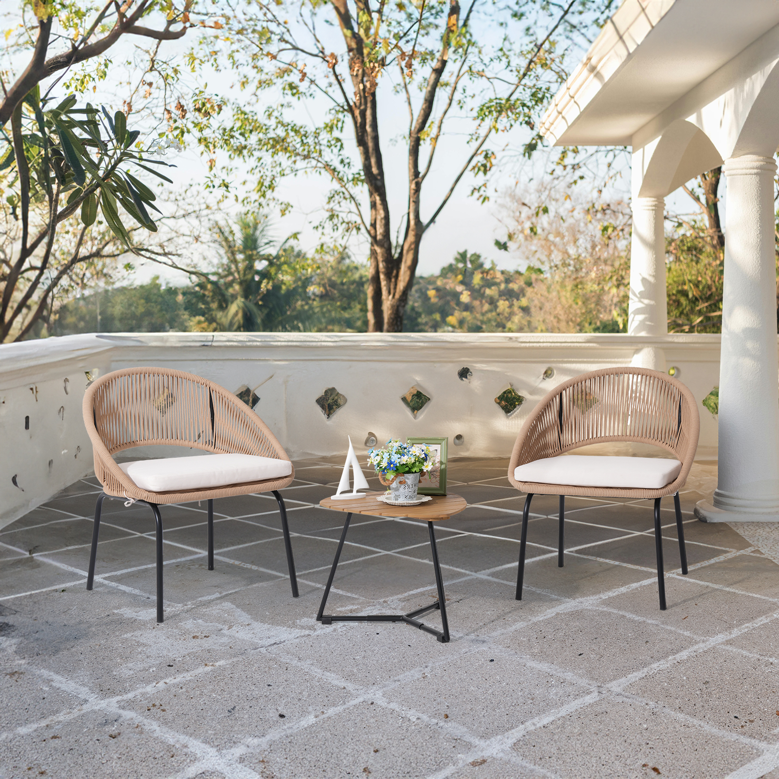  3pcs Outdoor Bistro Set,Metal Woven Rope furniture set, 3pcs patio set, With Black /Grey/Beige Cushions