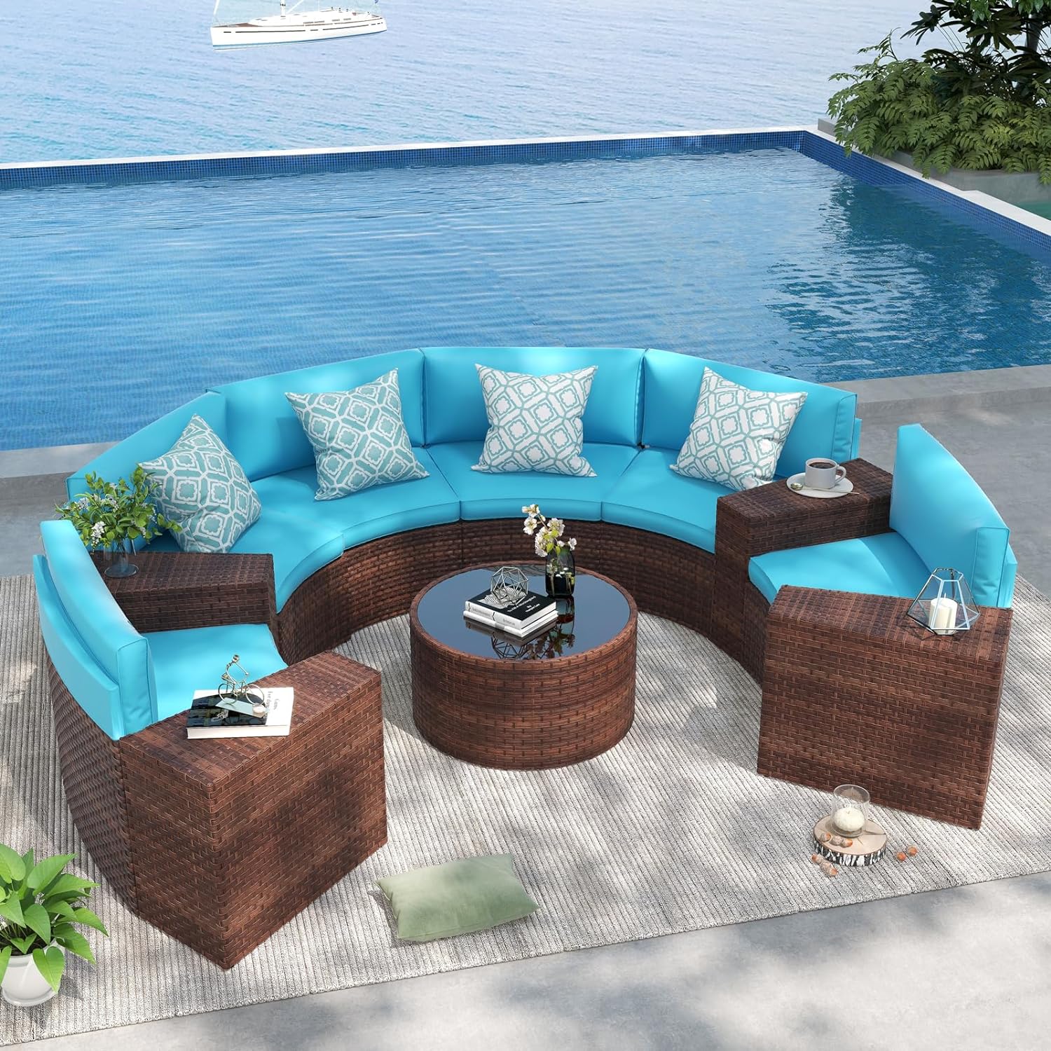 5-13pcs Outdoor Curved Sofas Wicker Curved Outdoor Sectional, Brown & Turquoise