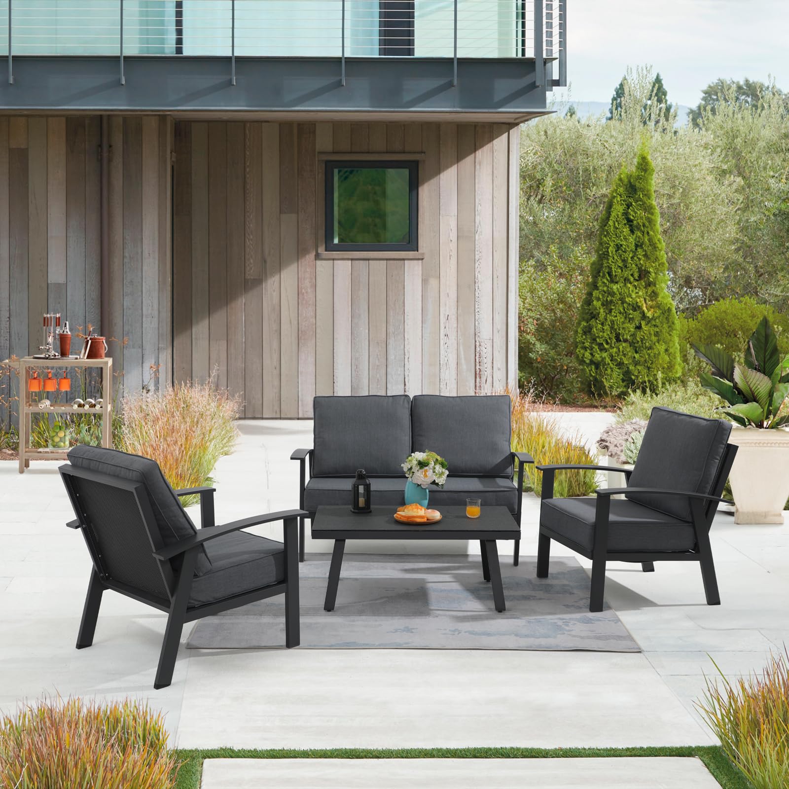 4Pcs Aluminum Outdoor Conversation Set With Cushions And Coffee Table