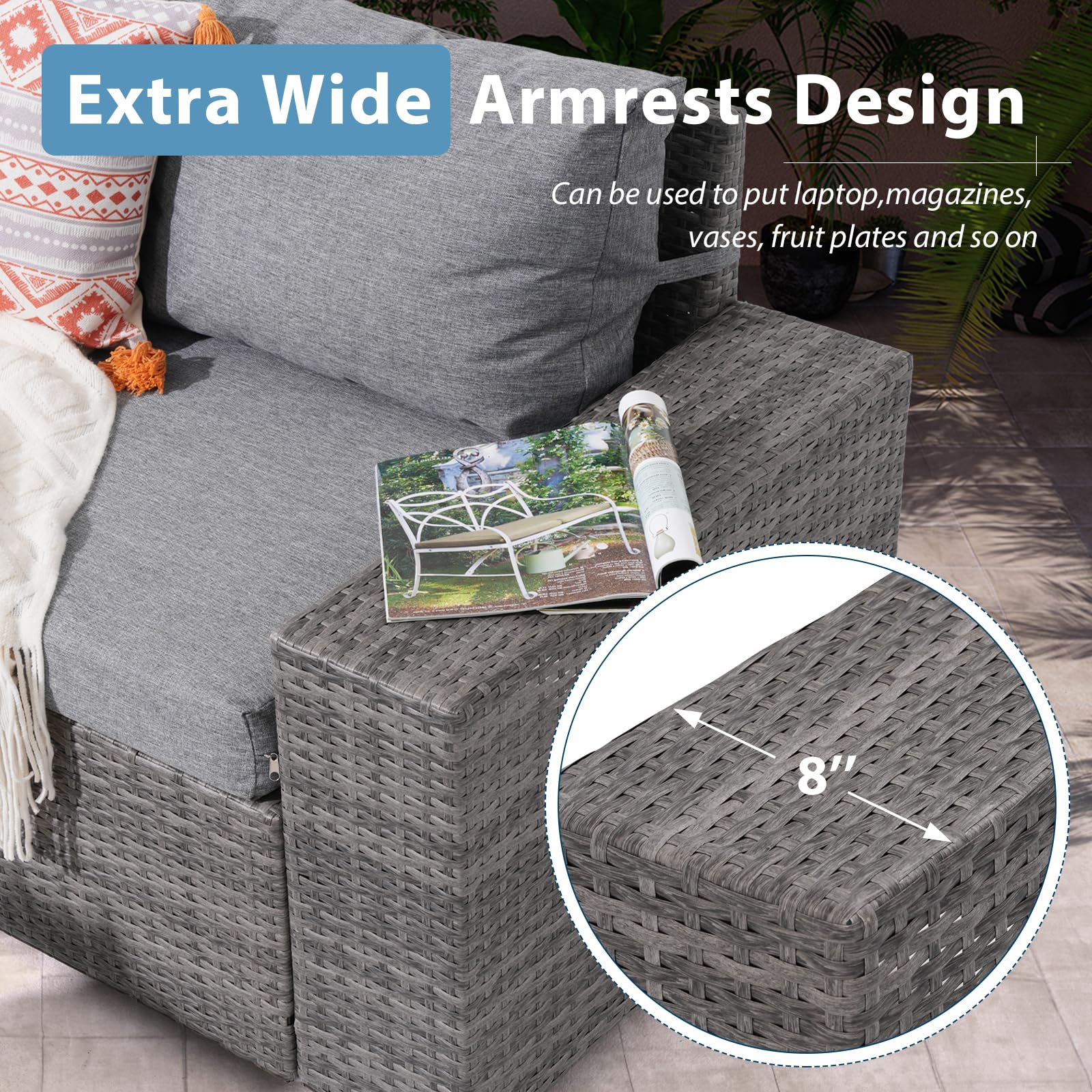 7Pcs L-Shaped Patio Sofa Set with Fire Pit Table Wicker Outdoor Sectional