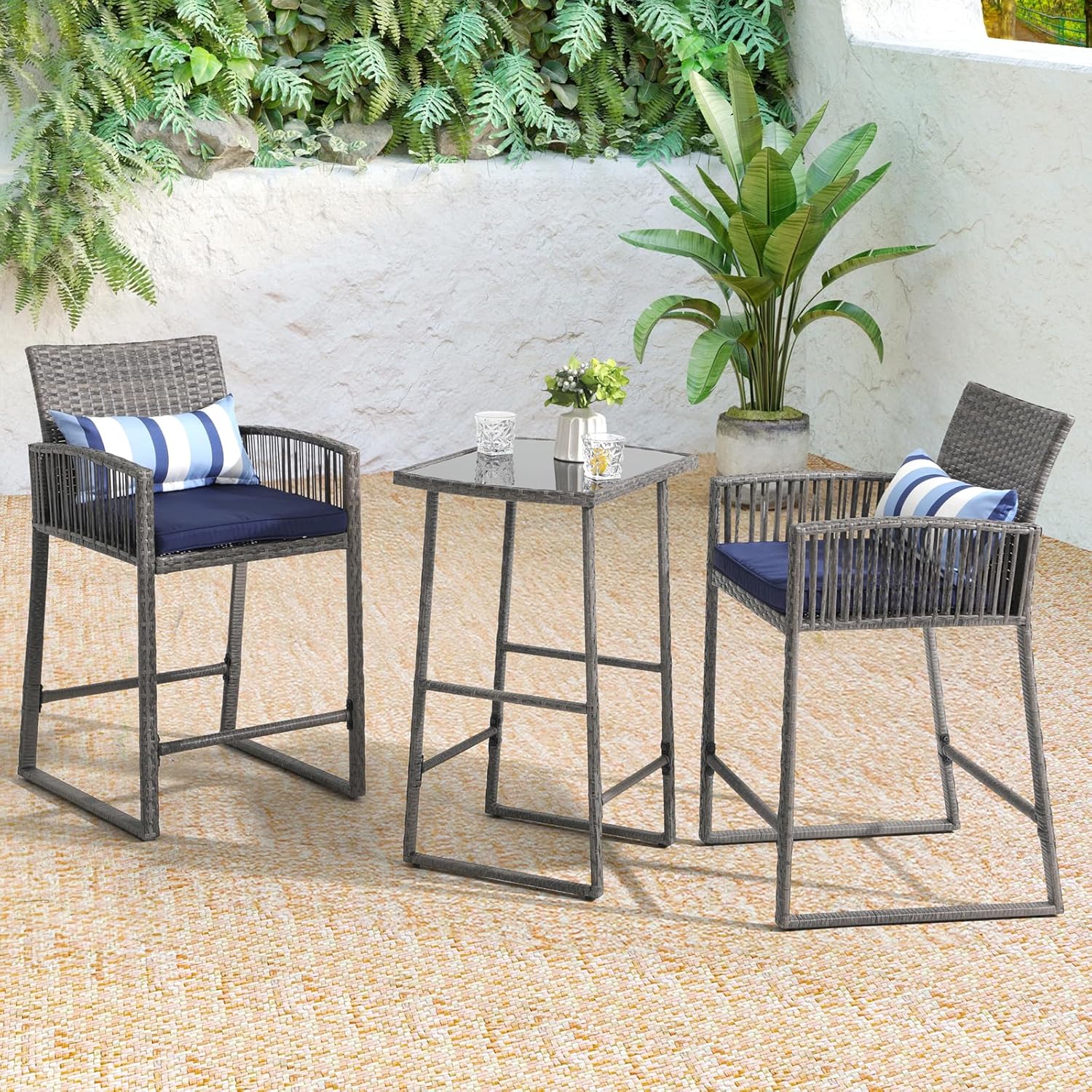 3pcs Wicker Patio Bistro Set Bar Height Table and Chairs with Cushions