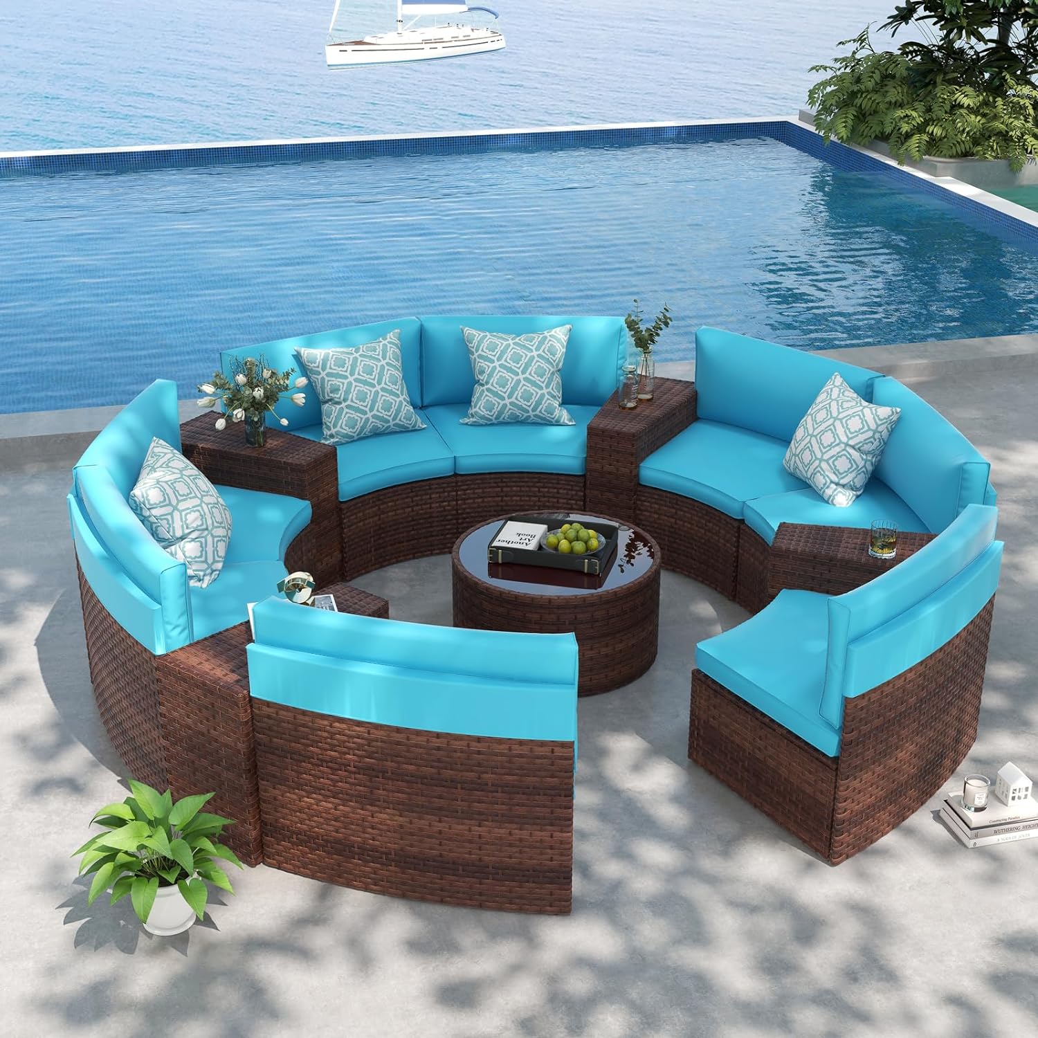 5-13pcs Outdoor Curved Sofas Wicker Curved Outdoor Sectional, Brown & Turquoise