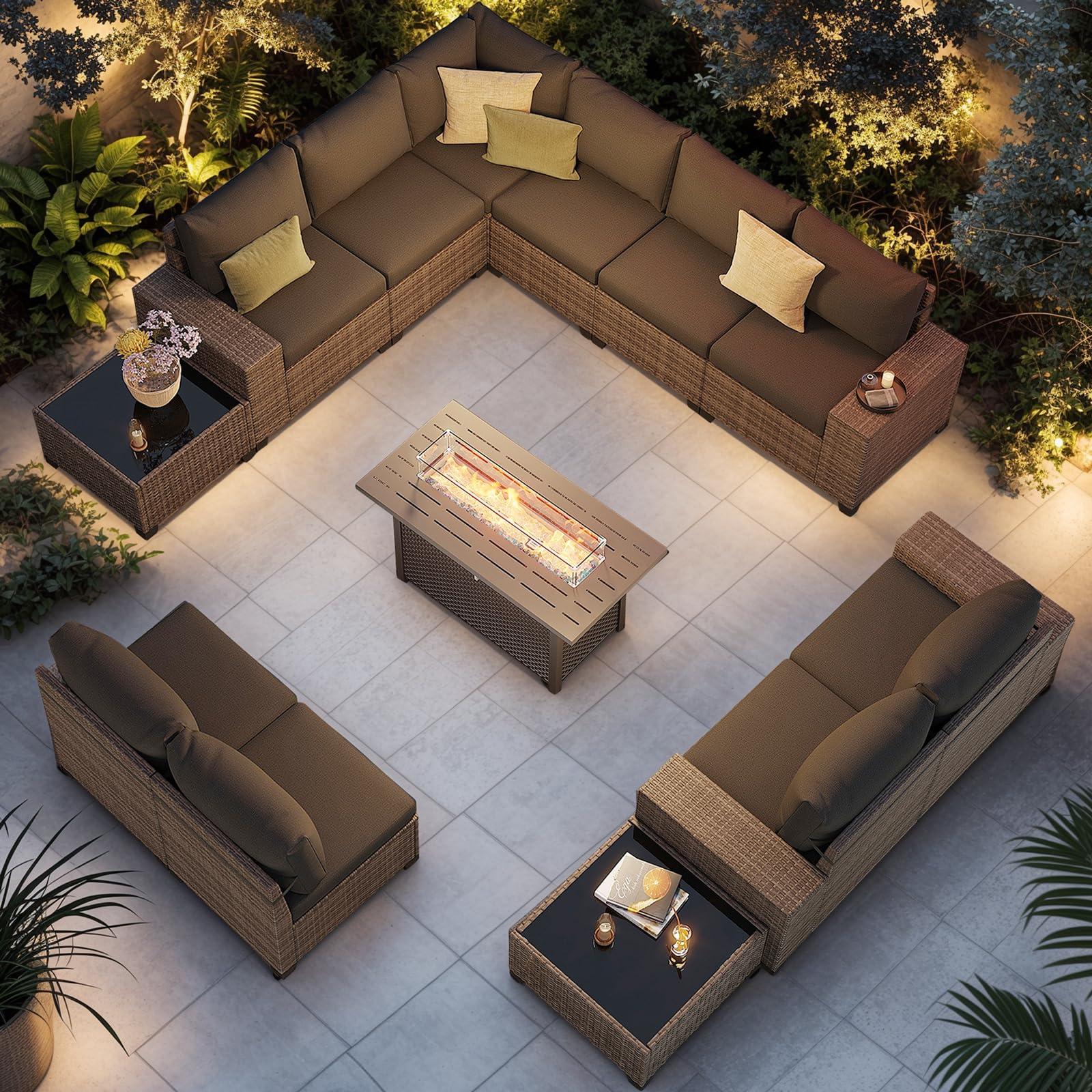 13 Pieces PE Rattan Patio Sectional Sofa Set With 50000 BTU Fire Pit and 2 Side Tables