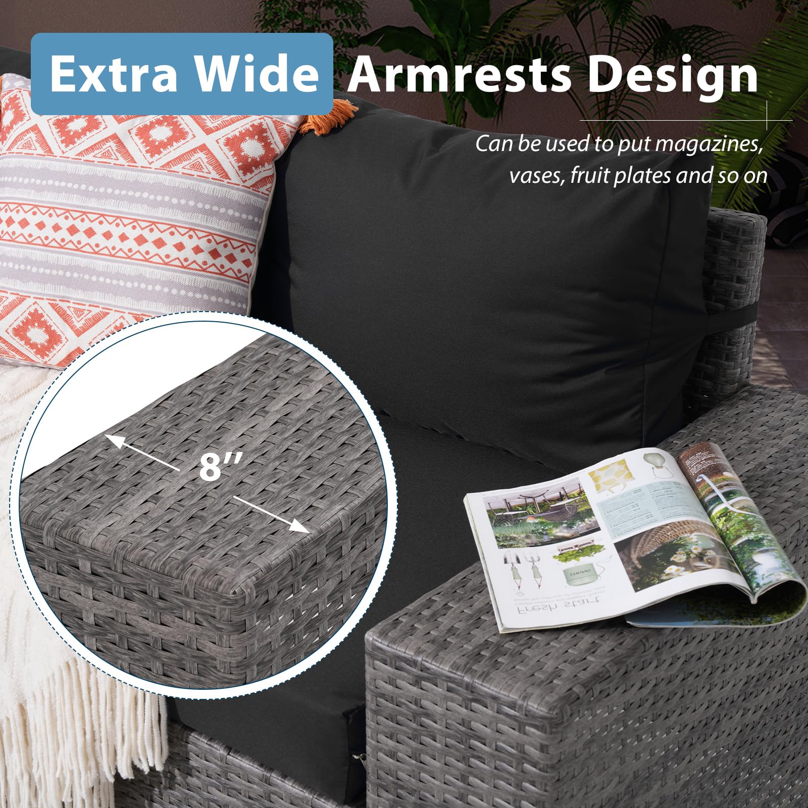 13 Pieces PE Rattan Patio Sectional Sofa Set With 50000 BTU Fire Pit and 2 Side Tables