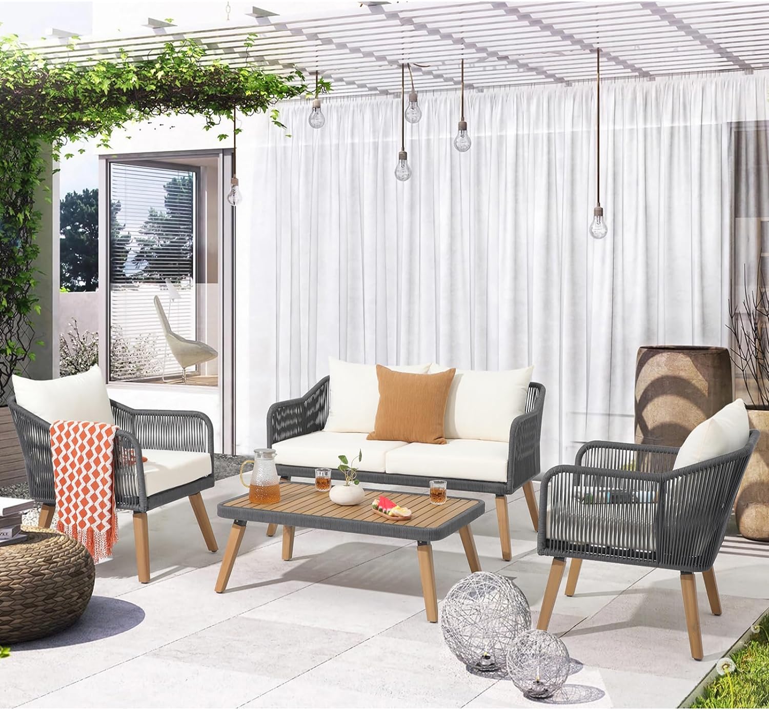 4pc Outdoor Wood Sofa Set, Patio Deep Seating Set, Cream, Rope design, Natural Wood