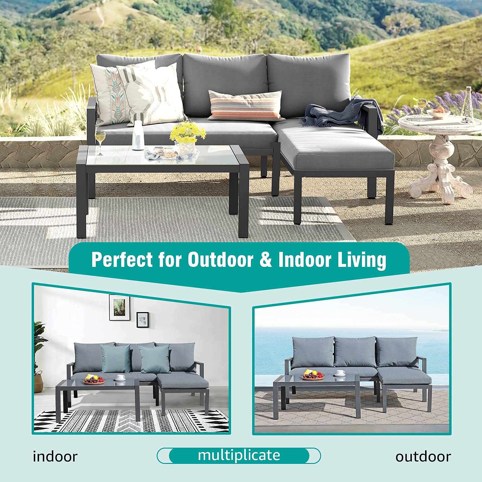 OC ORANGE-CASUAL 3Pcs L-Shaped Aluminum Sofa Set with Glass Coffee Table