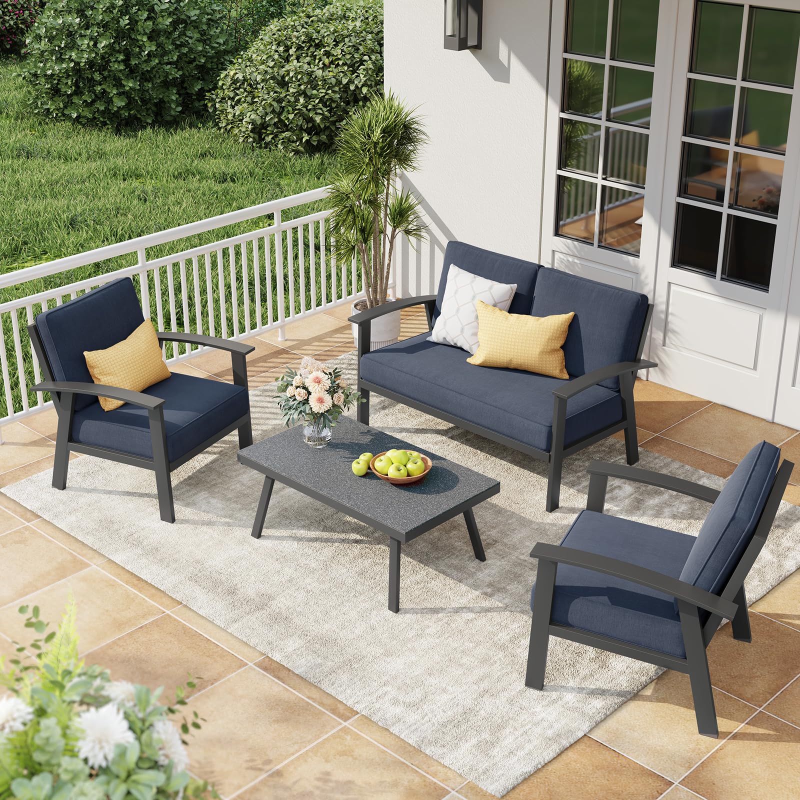 4Pcs Aluminum Outdoor Conversation Set With Cushions And Coffee Table