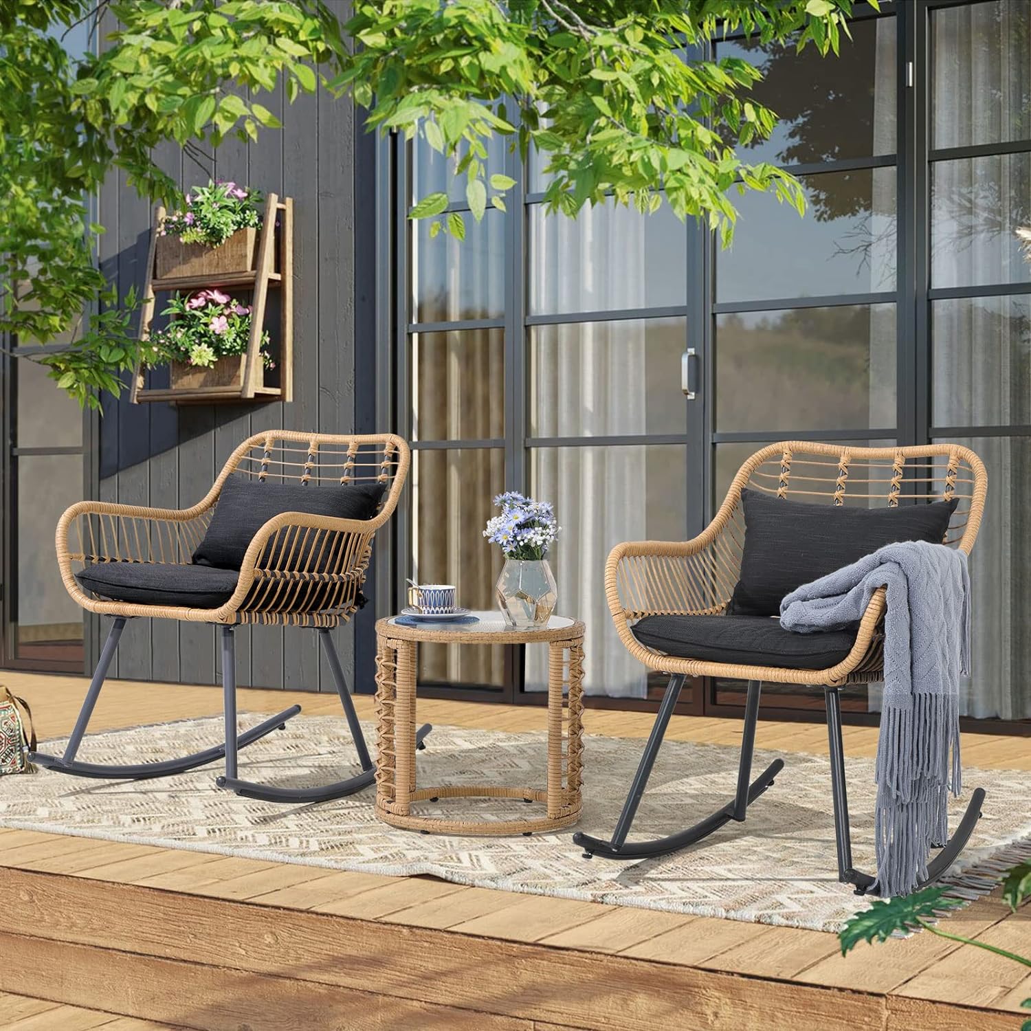 3pcs Patio Bistro Set, Wicker Rocking Chairs with Curve Armrest Design