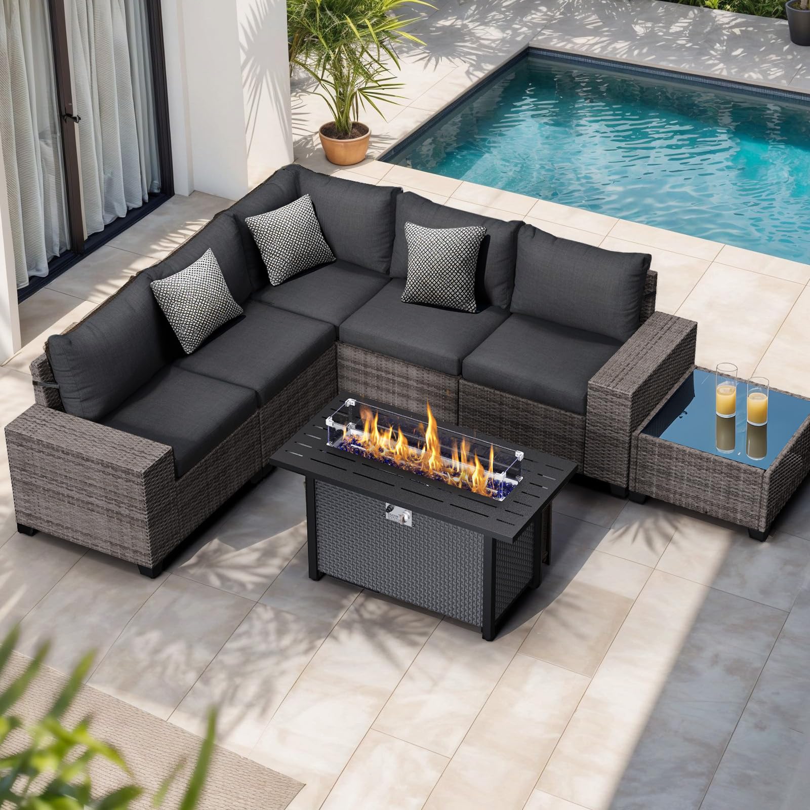 7Pcs L-Shaped Patio Sofa Set with Fire Pit Table Wicker Outdoor Sectional