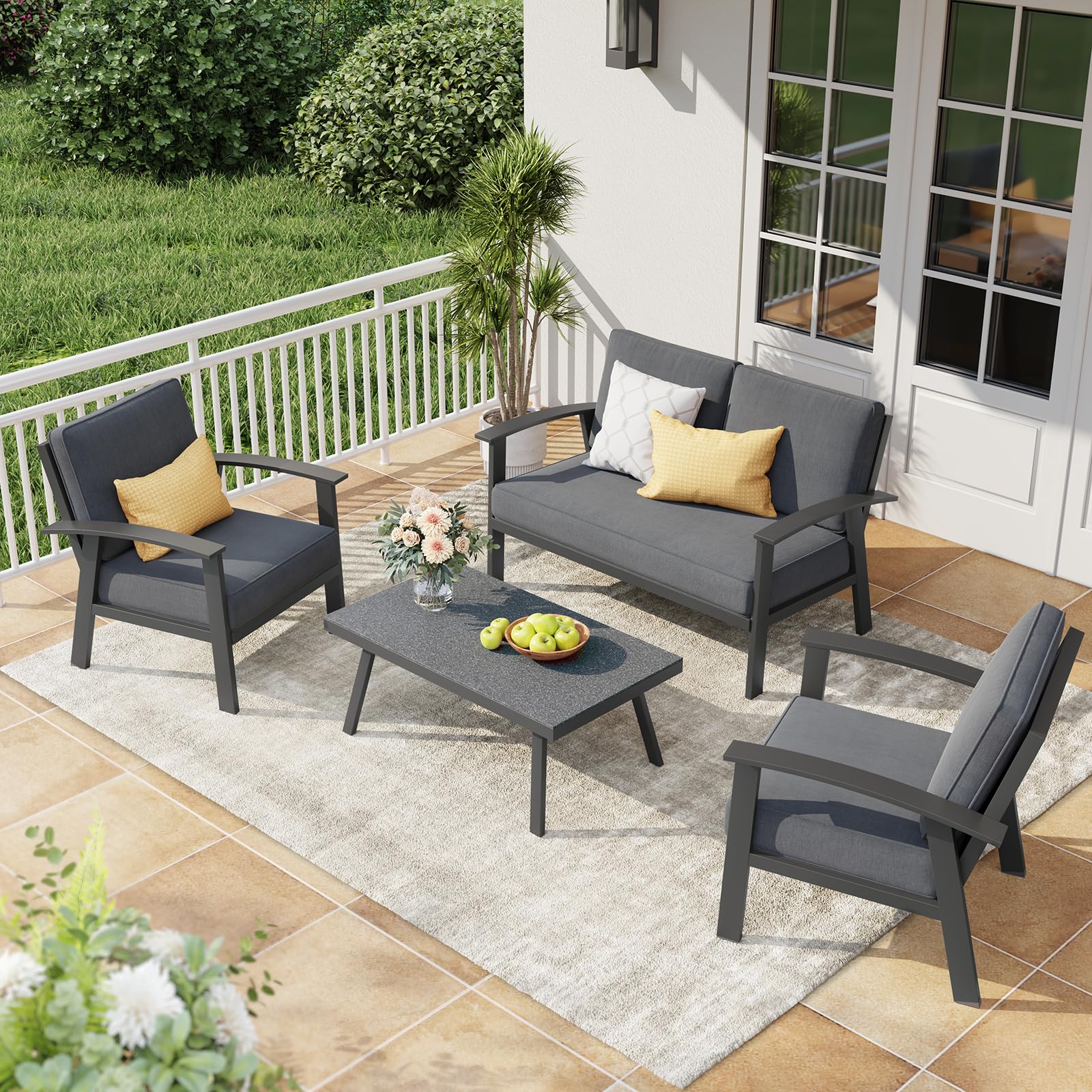 4Pcs Aluminum Outdoor Conversation Set With Cushions And Coffee Table