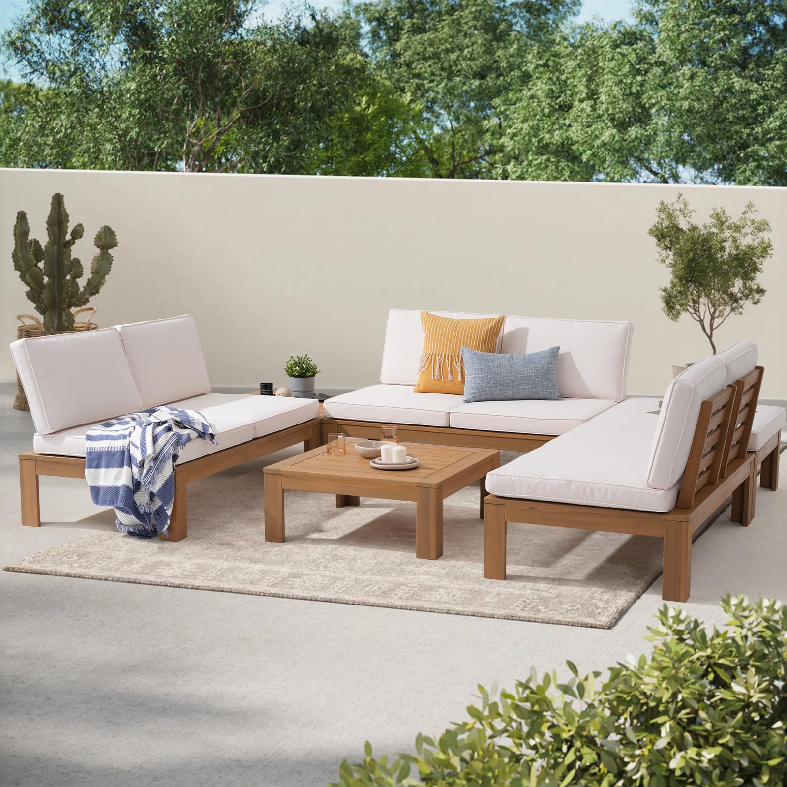 6Pcs Acacia Wood Patio Furniture Outdoor Sectional Sofa Set with Adjustable Armrest, FSC Certified L-Shaped Patio Set