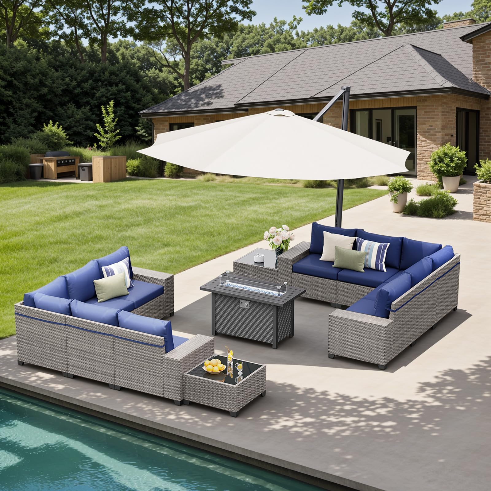 13 Pieces PE Rattan Patio Sectional Sofa Set With 50000 BTU Fire Pit and 2 Side Tables