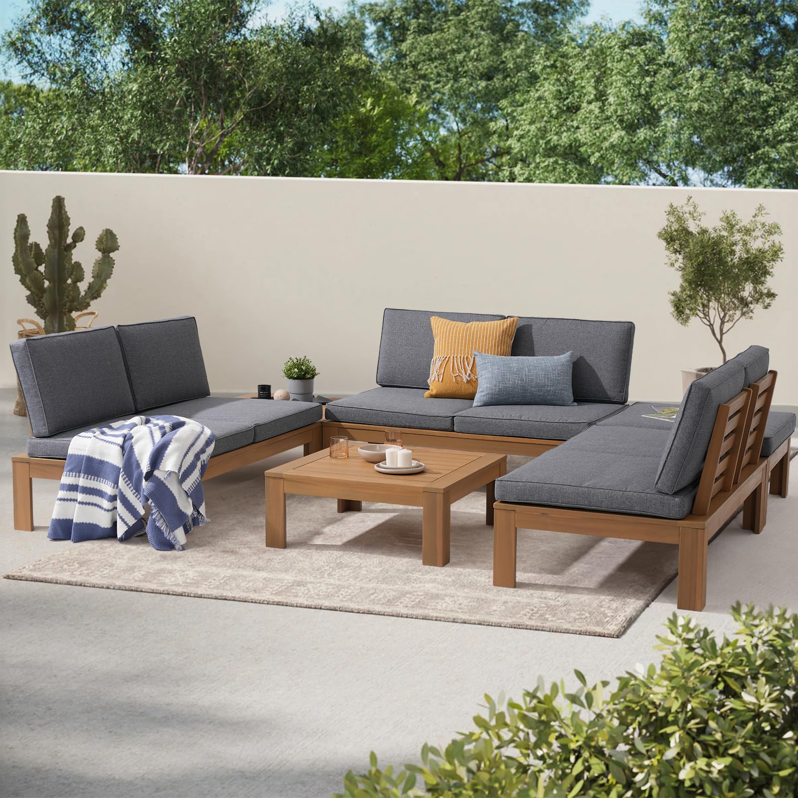 6Pcs Acacia Wood Patio Furniture Outdoor Sectional Sofa Set with Adjustable Armrest, FSC Certified L-Shaped Patio Set