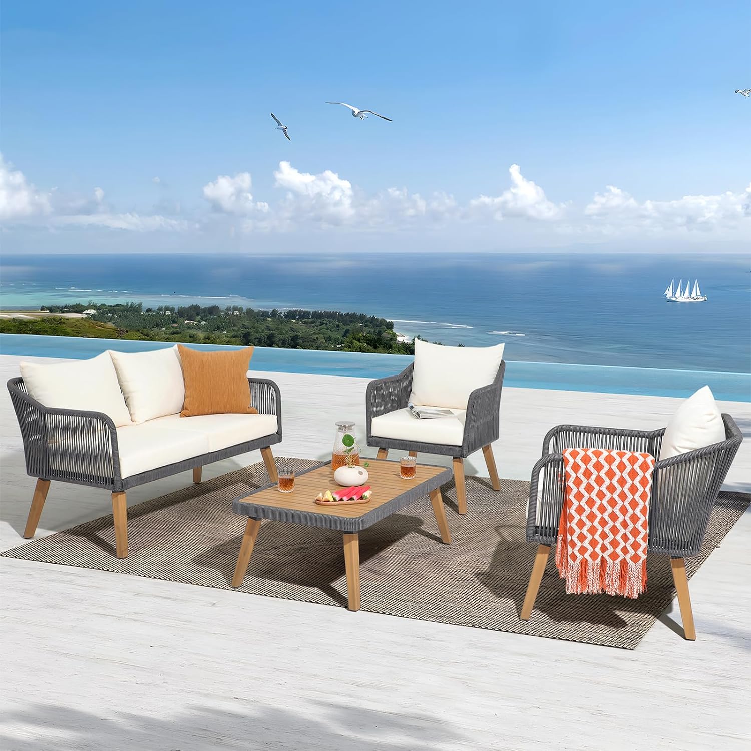 4pc Outdoor Wood Sofa Set, Patio Deep Seating Set, Cream, Rope design, Natural Wood