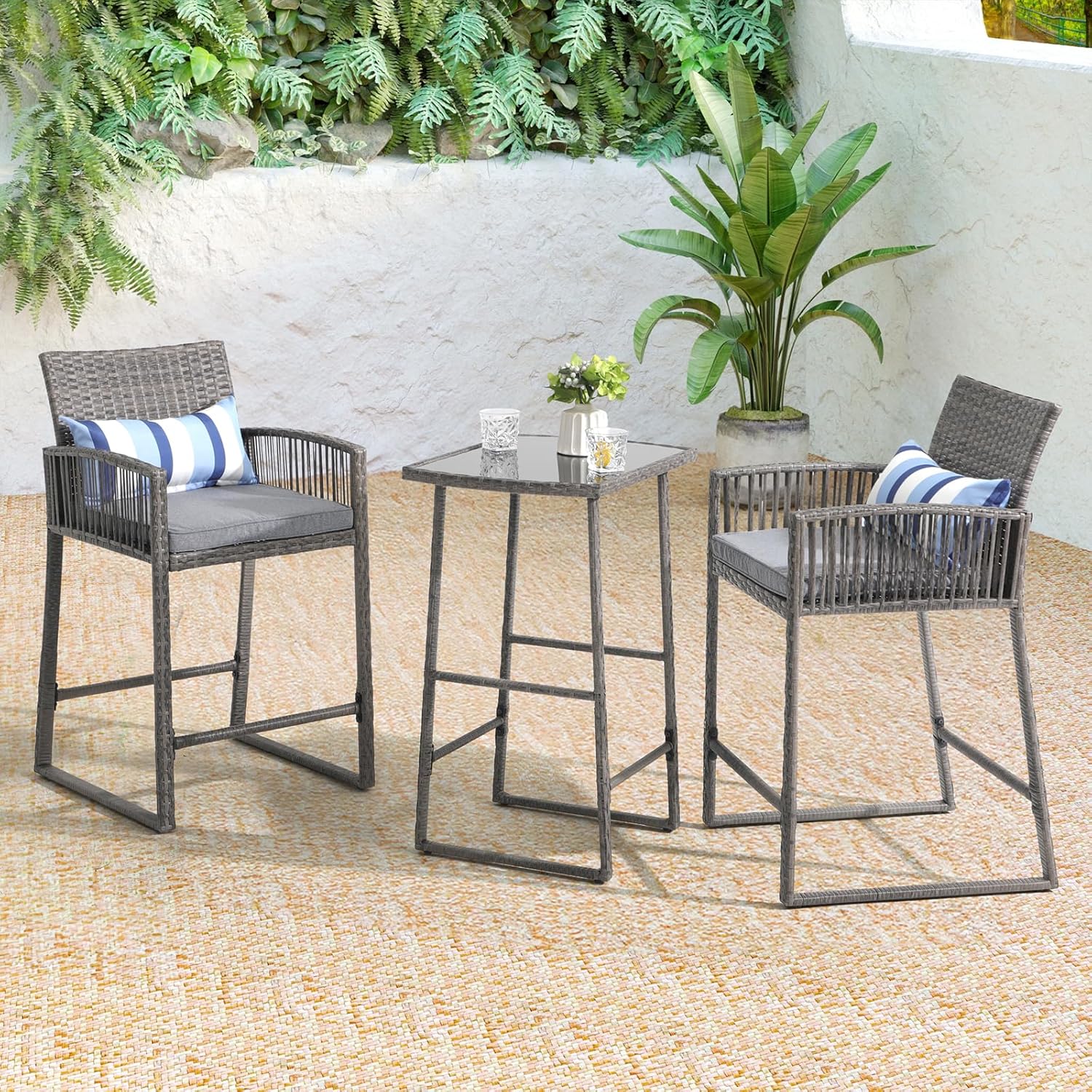 3pcs Wicker Patio Bistro Set Bar Height Table and Chairs with Cushions