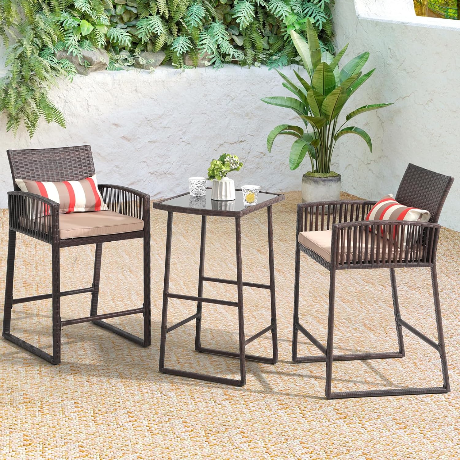 3pcs Wicker Patio Bistro Set Bar Height Table and Chairs with Cushions