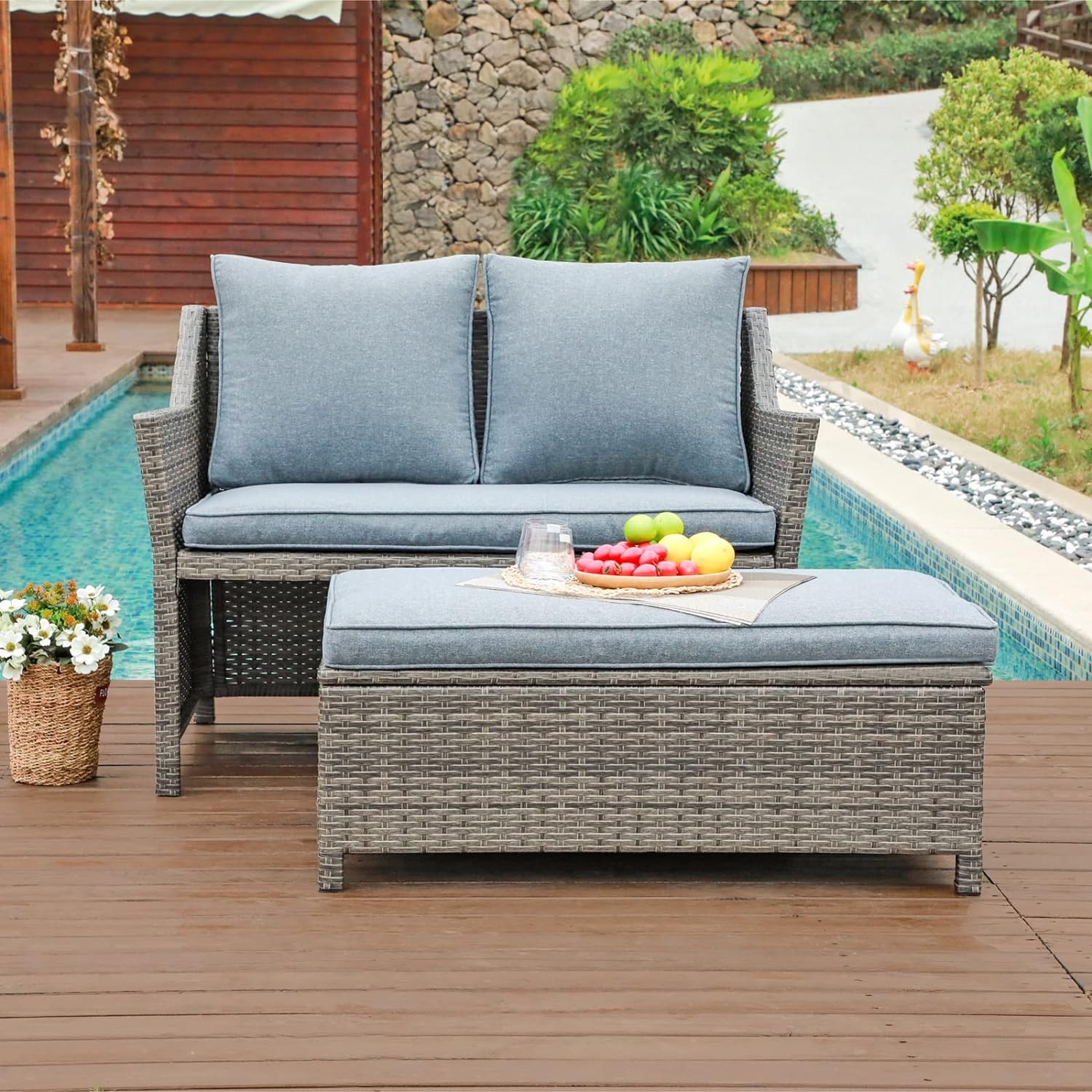 2pcs Loveseat Set with Storage Bin Wicker Outdoor Conversation Set