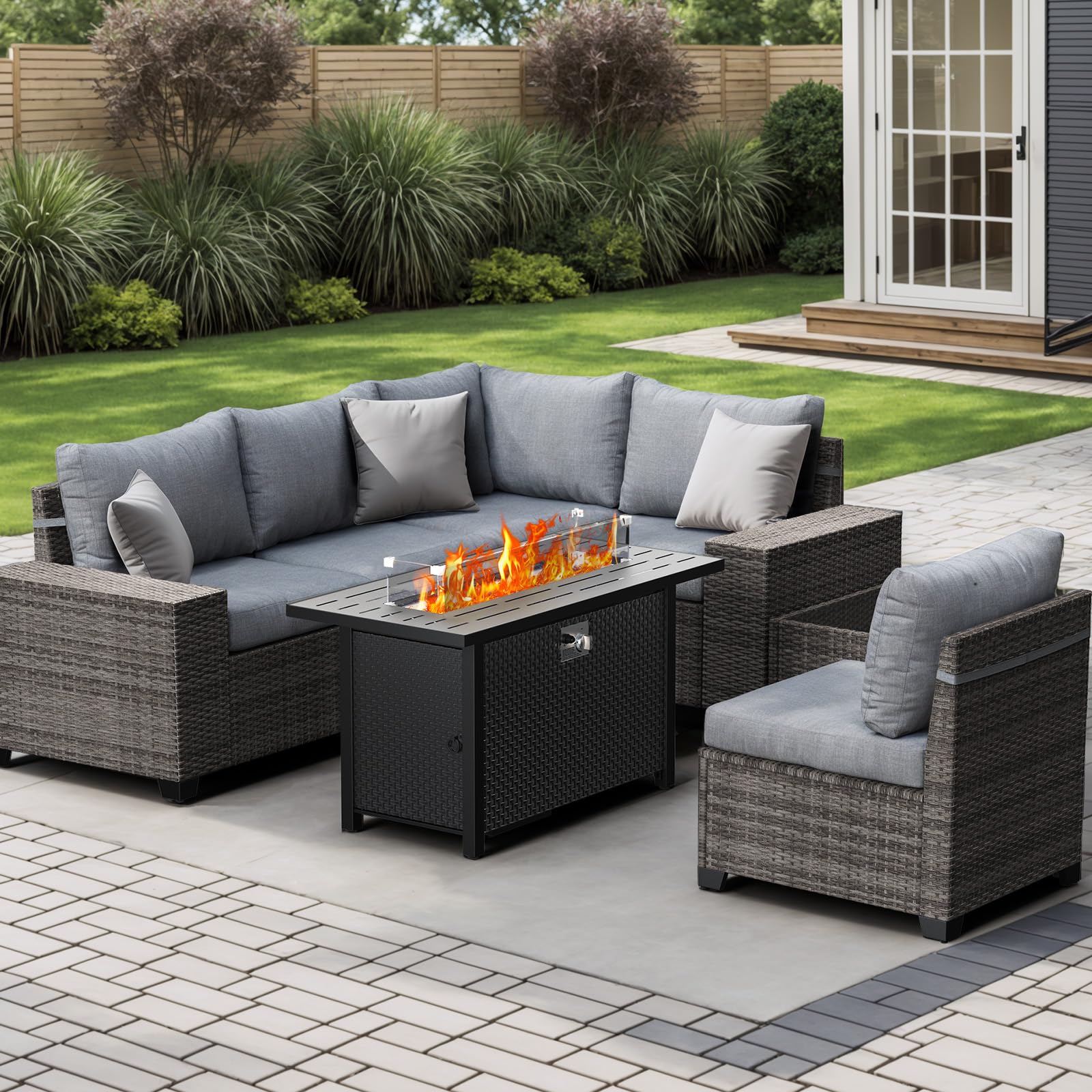 7Pcs L-Shaped Patio Sofa Set with Fire Pit Table Wicker Outdoor Sectional