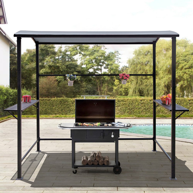 Grill Gazebo with Single-Tier Soft Top and Metal Shelves, 8' by 4.6', Grey