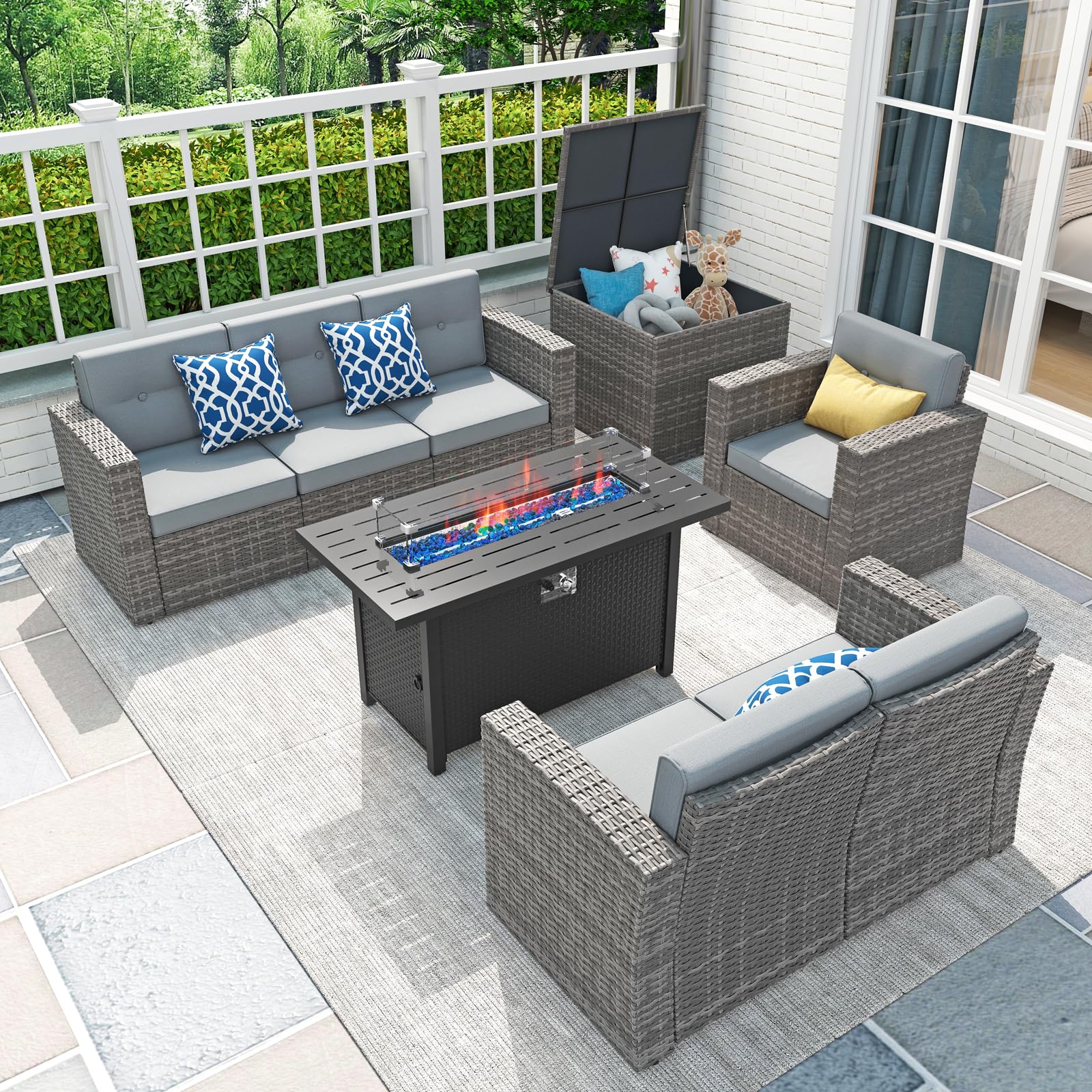 8 Pieces Patio Furniture Set with 50000 BTU Outdoor Fire Pit Table and Wicker Waterproof Storage Box