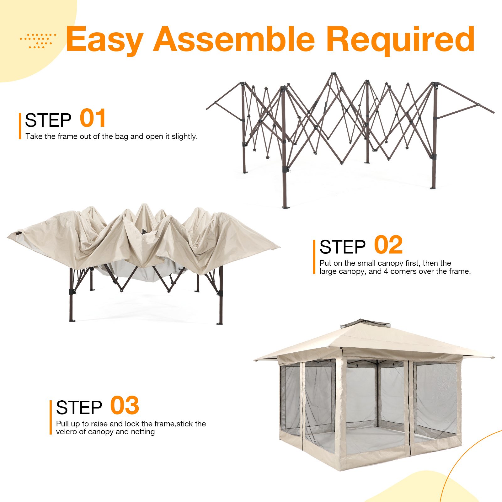 13’x13’ Pop Up Gazebo With Mosquito Netting, Outdoor Canopy Tent Shade, 5 colors, Metal Frame