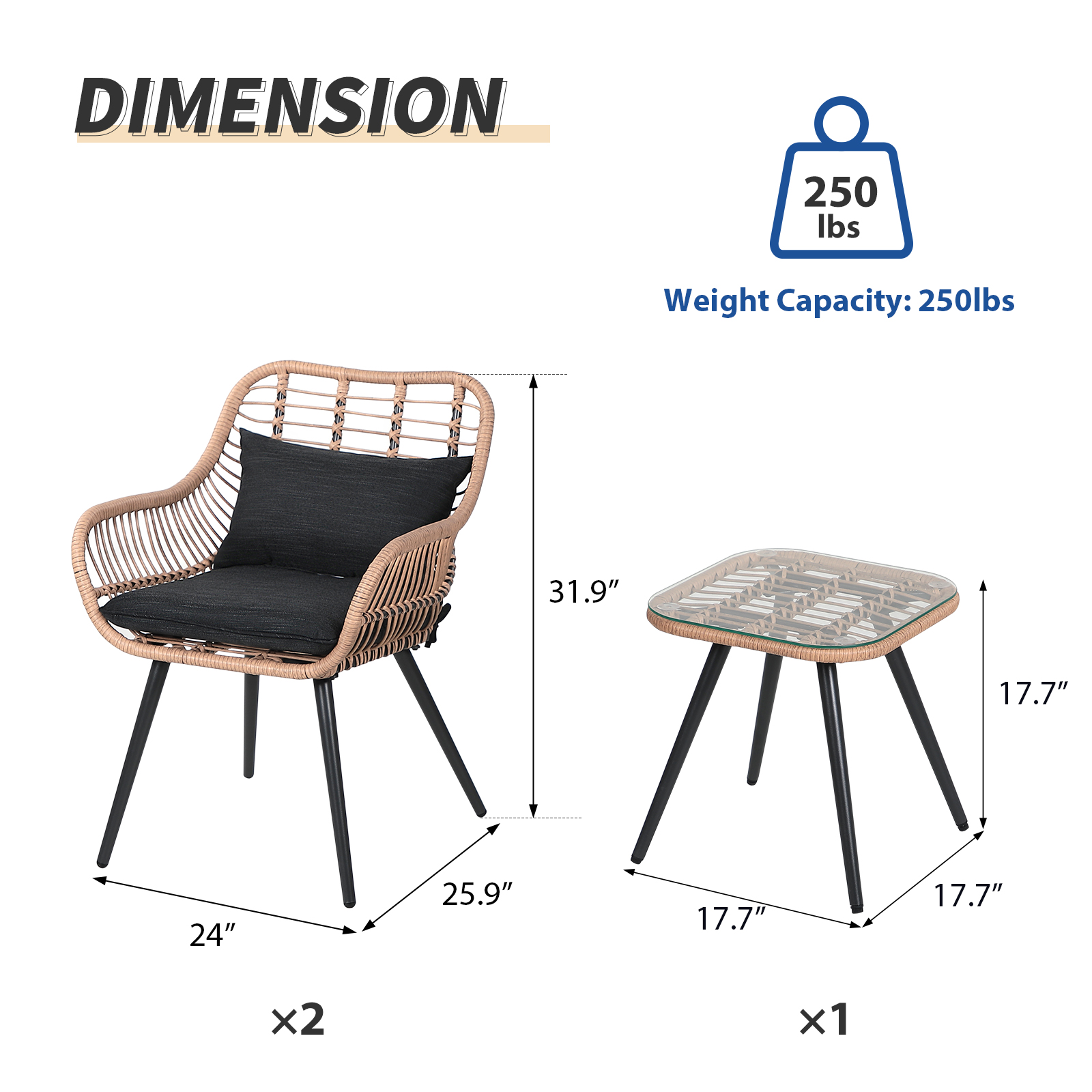 3pcs Patio Bistro Set PE Rattan Conversation Set, Curved Armrest Design