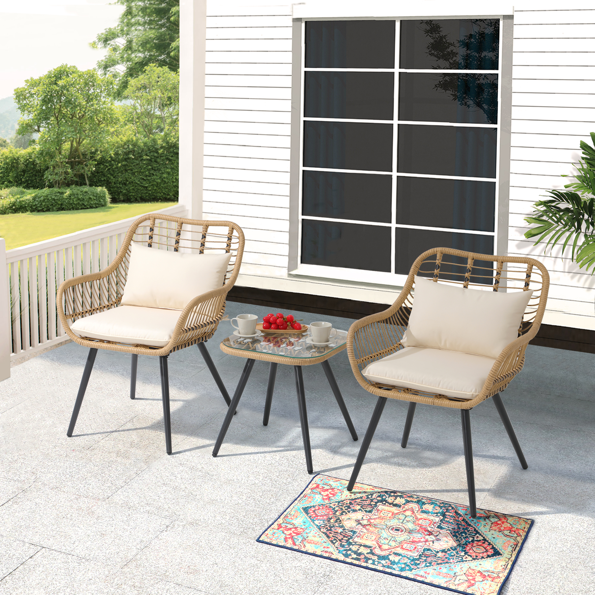 3pcs Patio Bistro Set PE Rattan Conversation Set, Curved Armrest Design