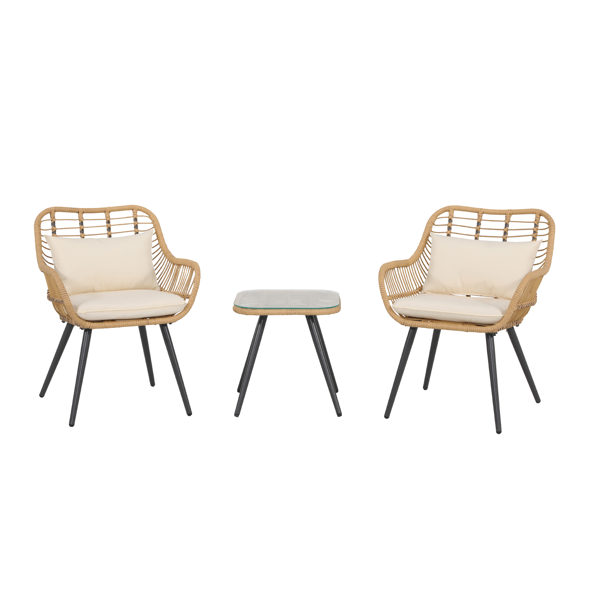 3pcs Patio Bistro Set PE Rattan Conversation Set, Curved Armrest Design