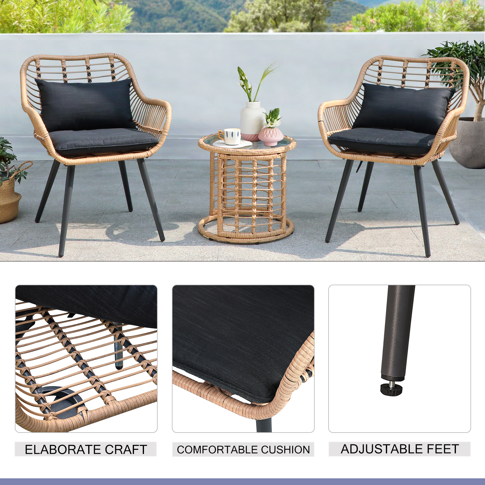 3pcs Patio Bistro Set PE Rattan Conversation Set, Curved Armrest Design