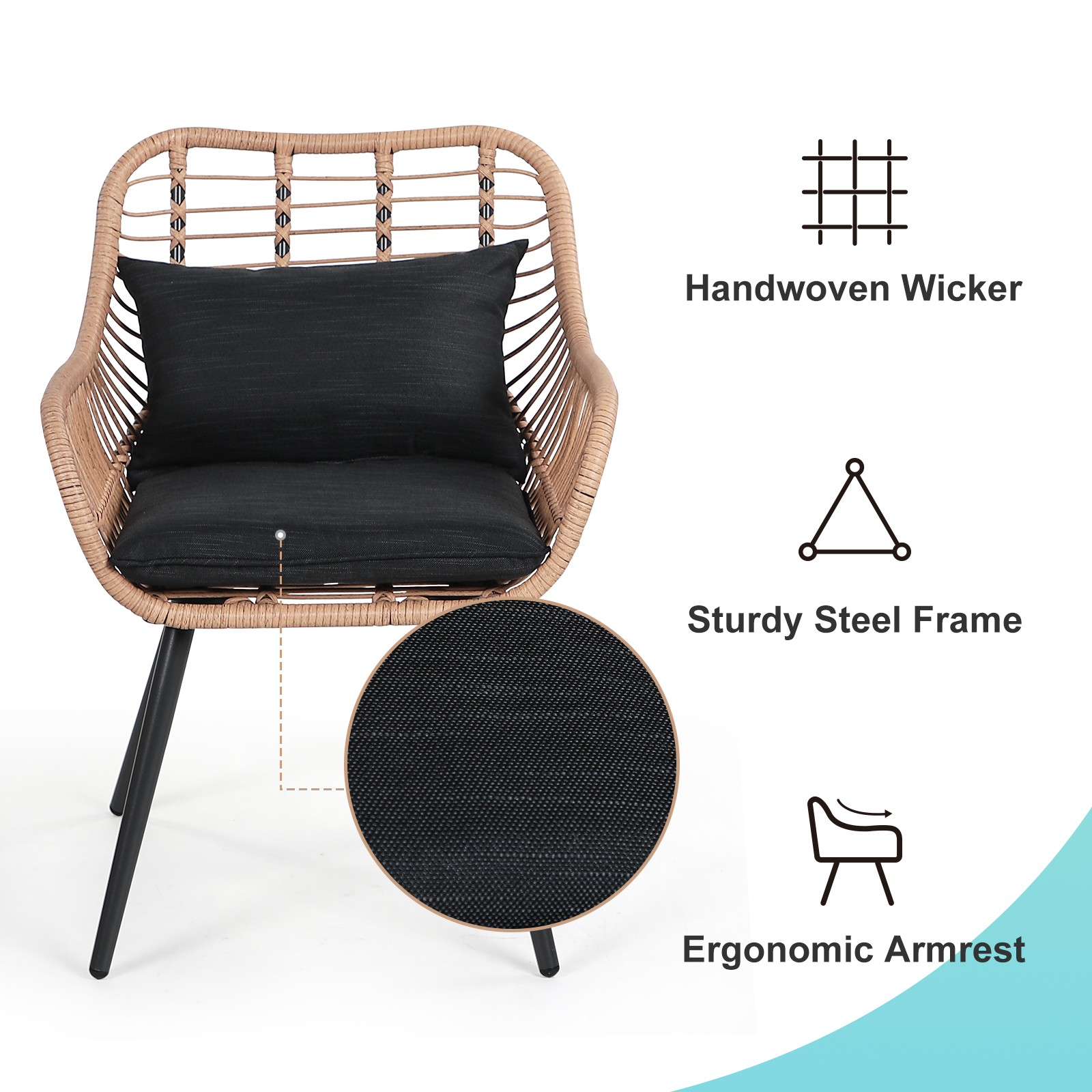 3pcs Patio Bistro Set PE Rattan Conversation Set, Curved Armrest Design