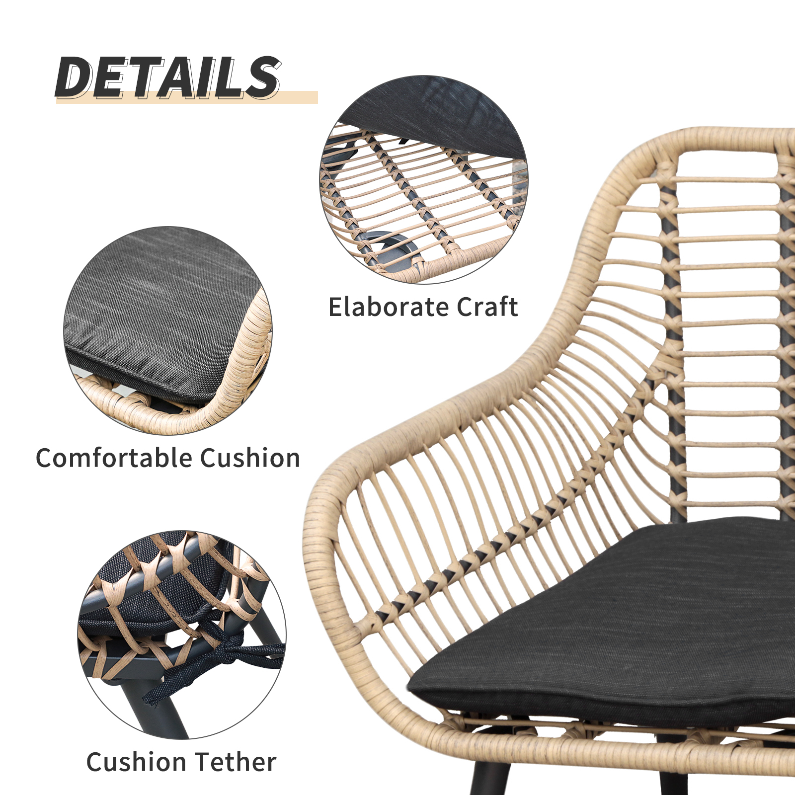 3pcs Patio Bistro Set PE Rattan Conversation Set, Curved Armrest Design