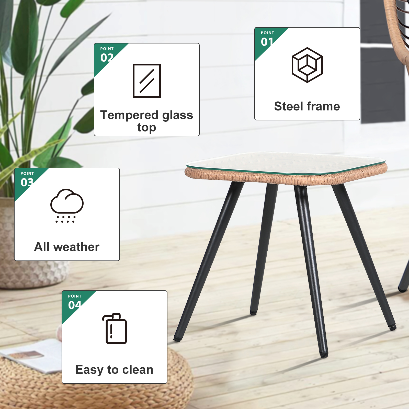 3pcs Patio Bistro Set PE Rattan Conversation Set, Curved Armrest Design