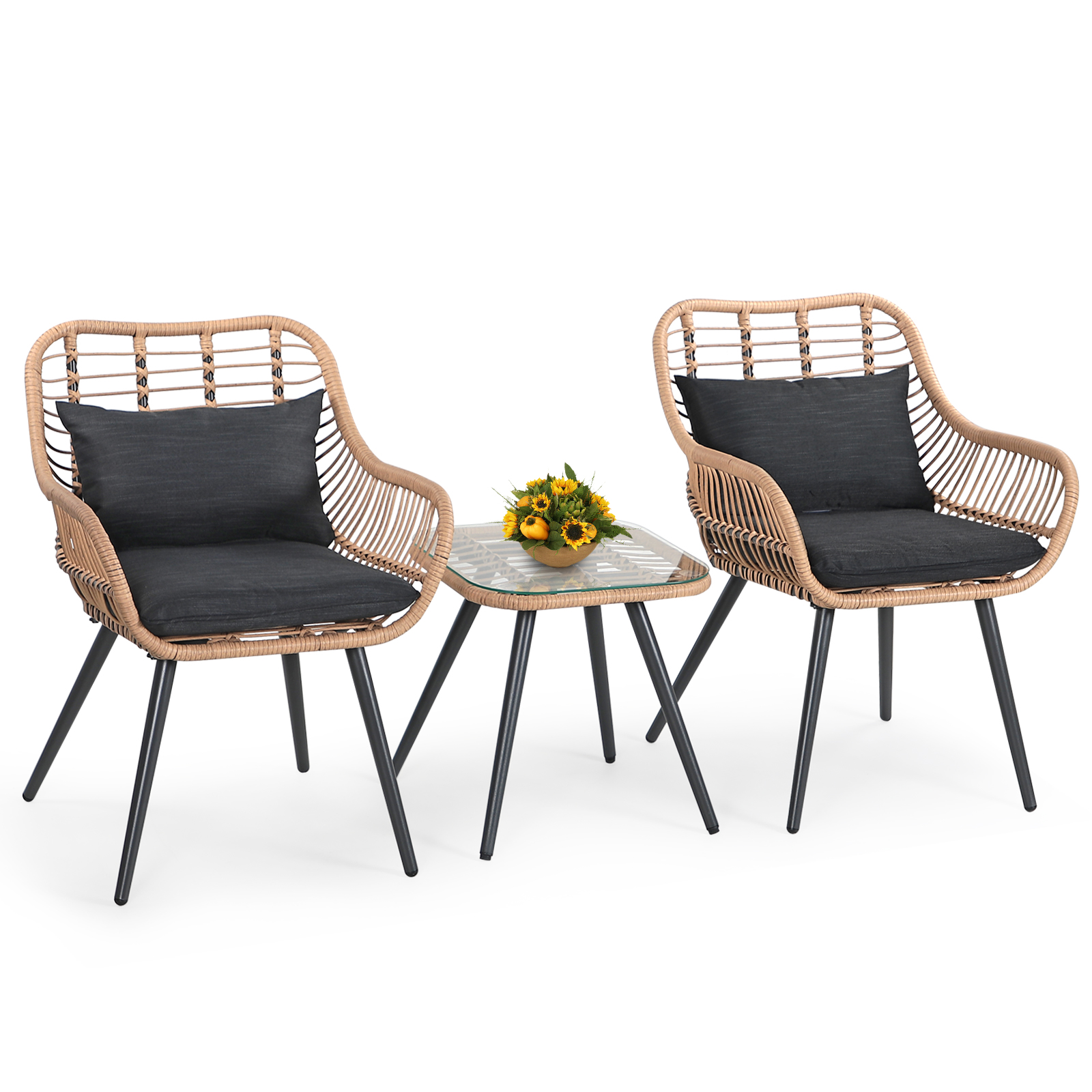 3pcs Patio Bistro Set PE Rattan Conversation Set, Curved Armrest Design