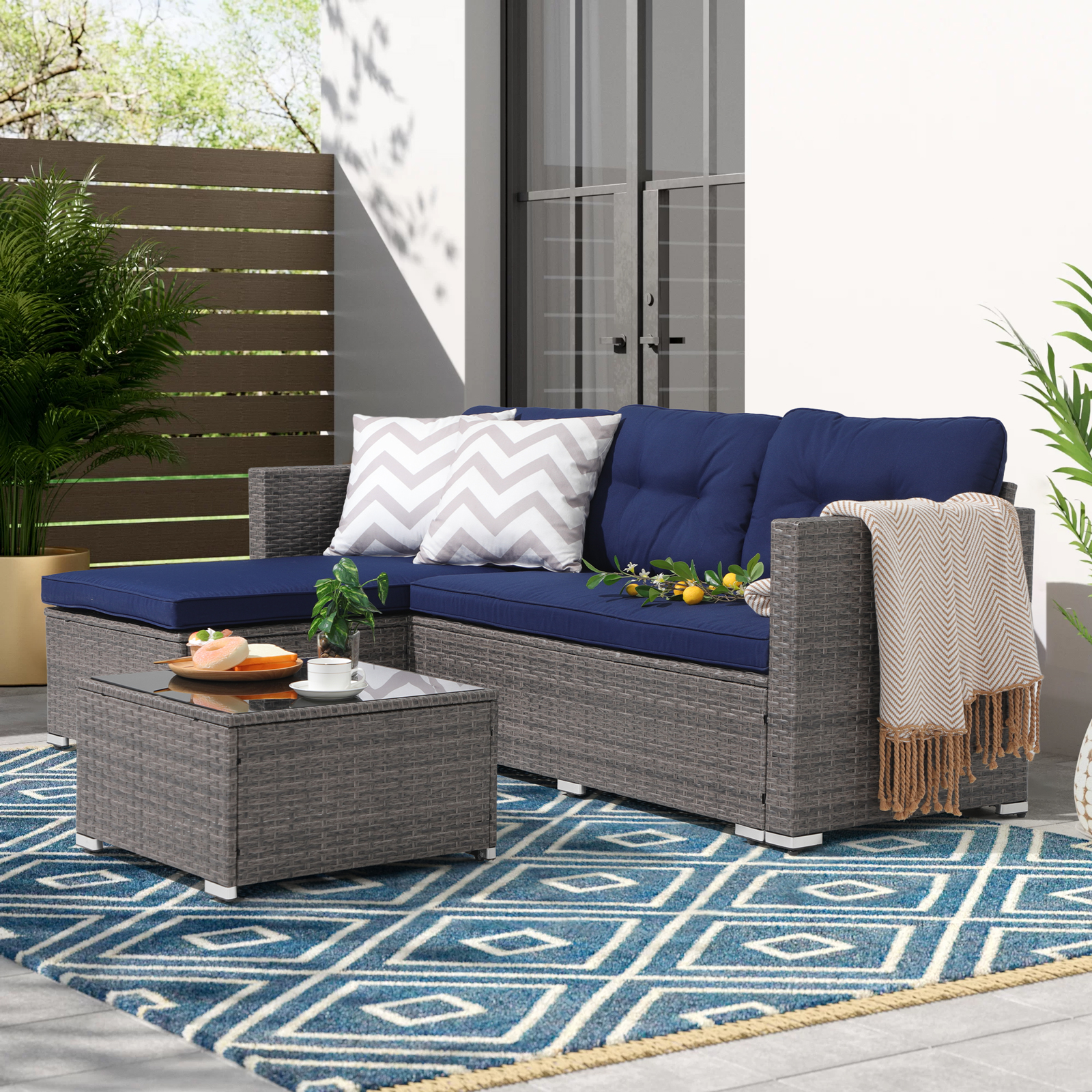 3pcs Outdoor Patio Sectional Set Wicker Furniture Set For Small Spaces