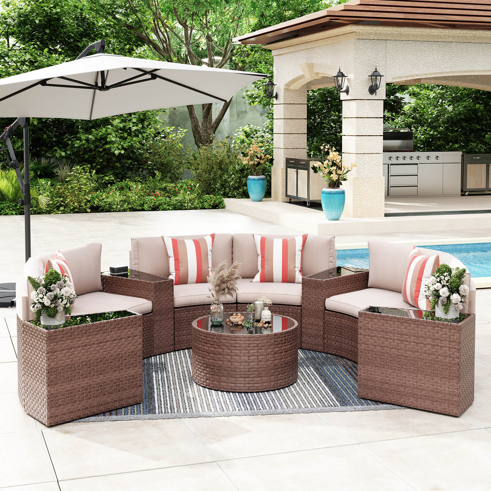 5-13 pcs Curved Outdoor Sectionals, Outdoor Curved Sofas, Brown & Beige