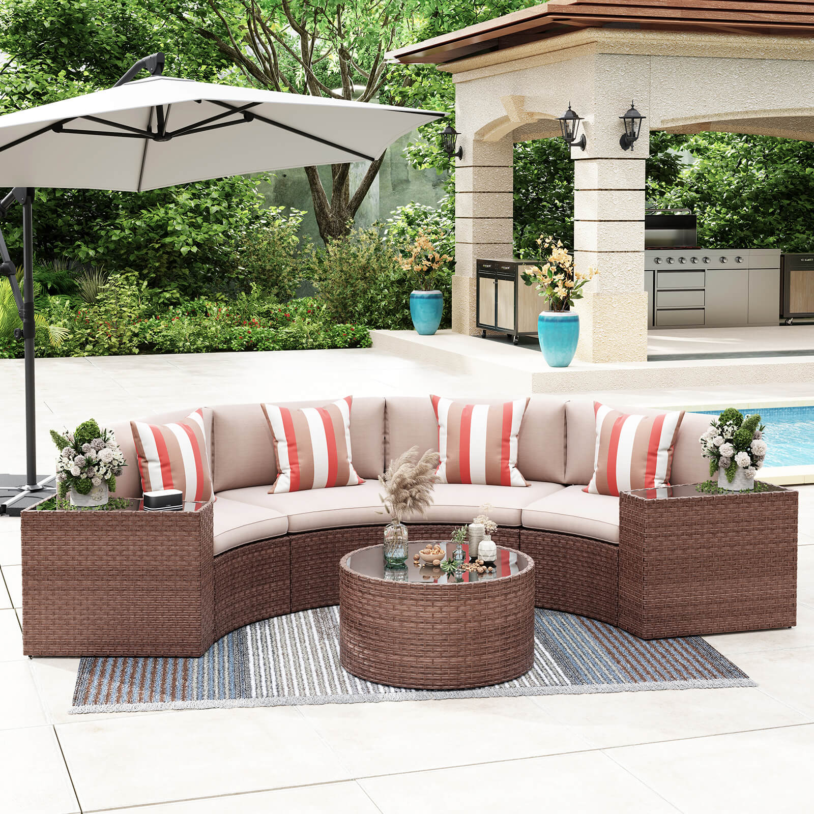 5-13 pcs Curved Outdoor Sectionals, Outdoor Curved Sofas, Brown & Beige