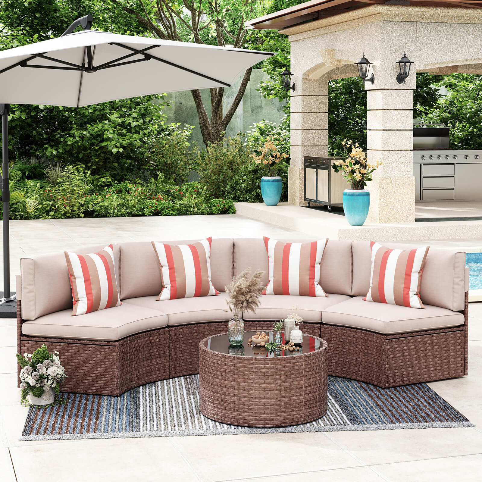 5pcs Outdoor Curved Sofas Wicker Half-Moon Sectional Set, 4 Colors