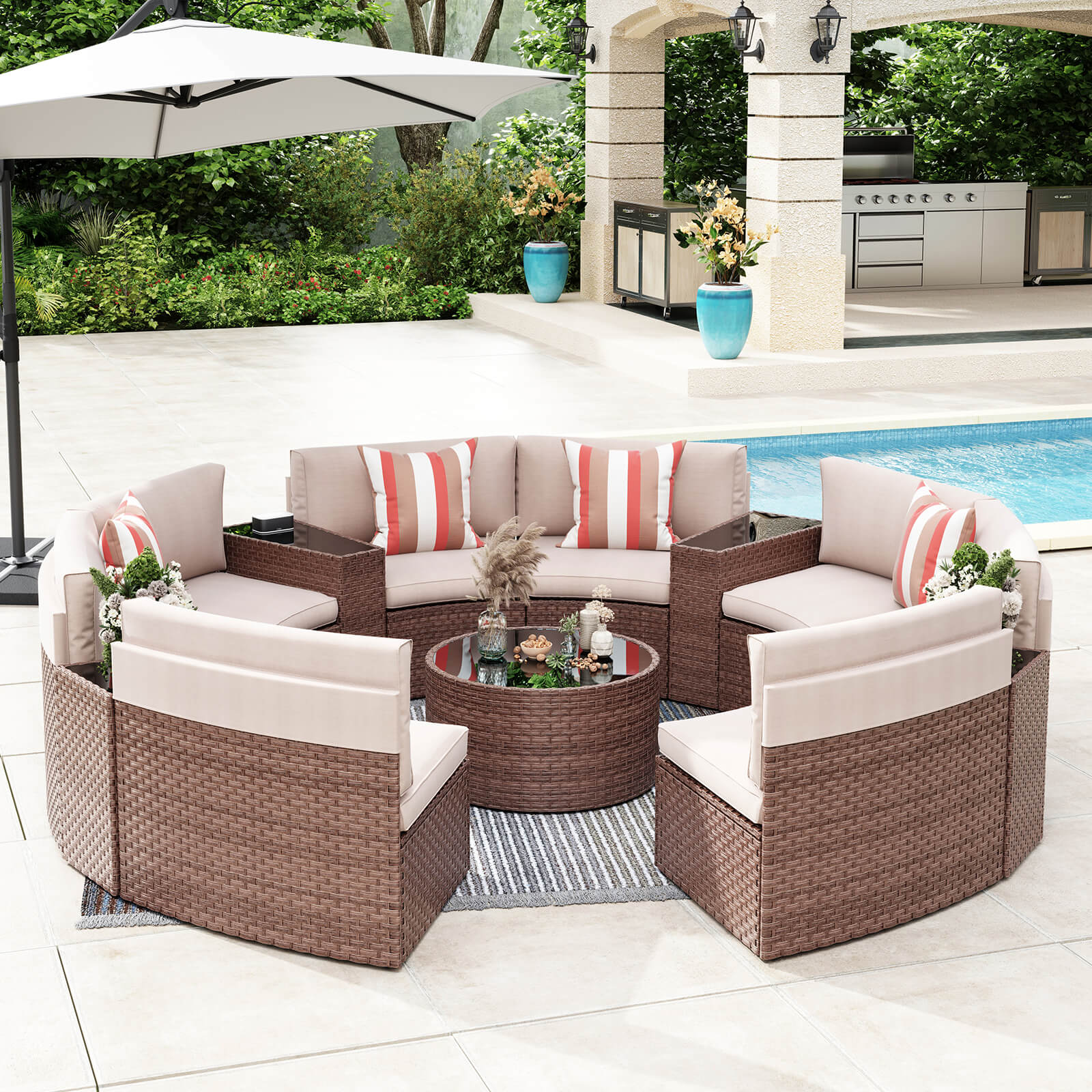 5-13 pcs Curved Outdoor Sectionals, Outdoor Curved Sofas, Brown & Beige