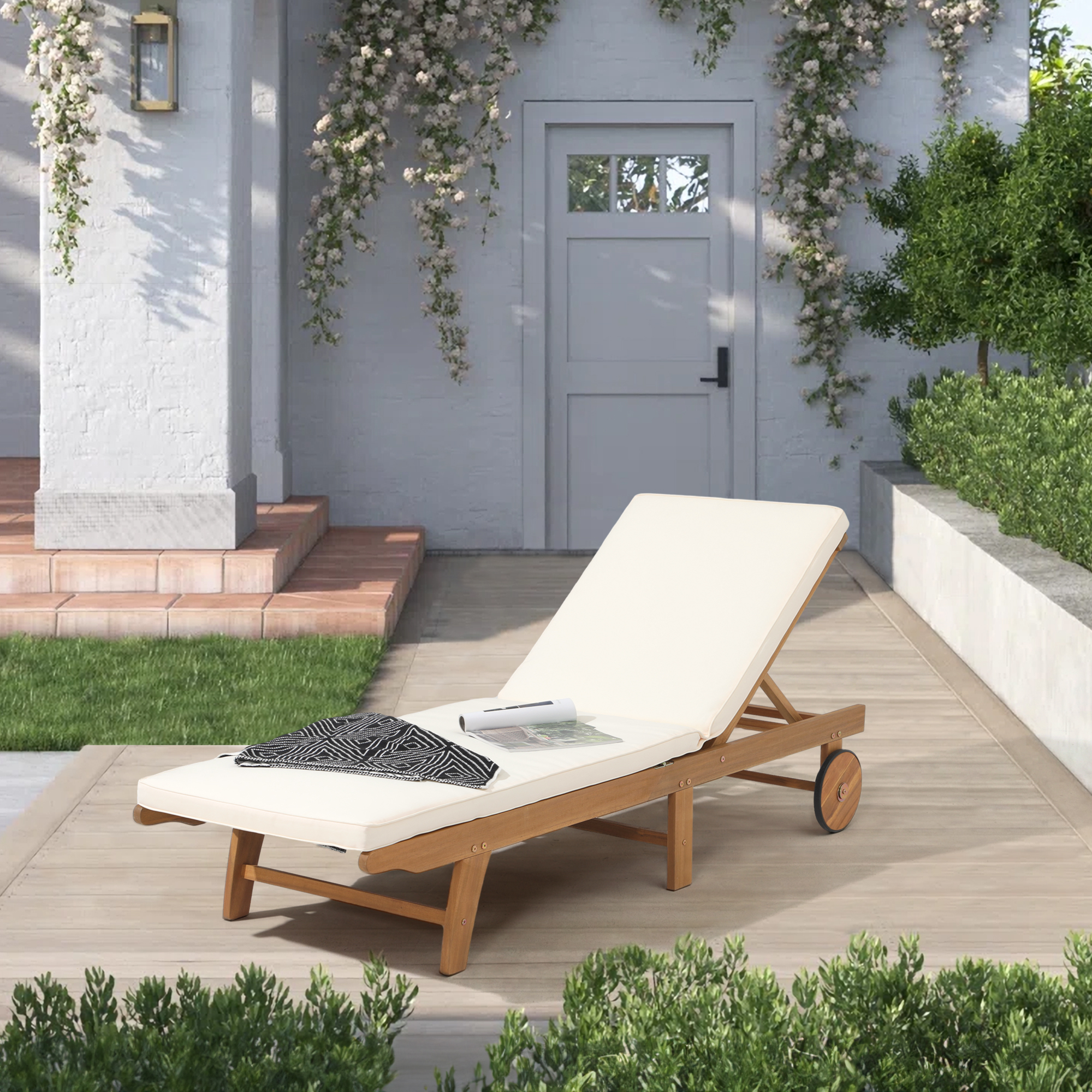 1-2 Pcs Folding Lounge Chair Acacia Wood Chaise Lounge, with Wheels, 2 Colors