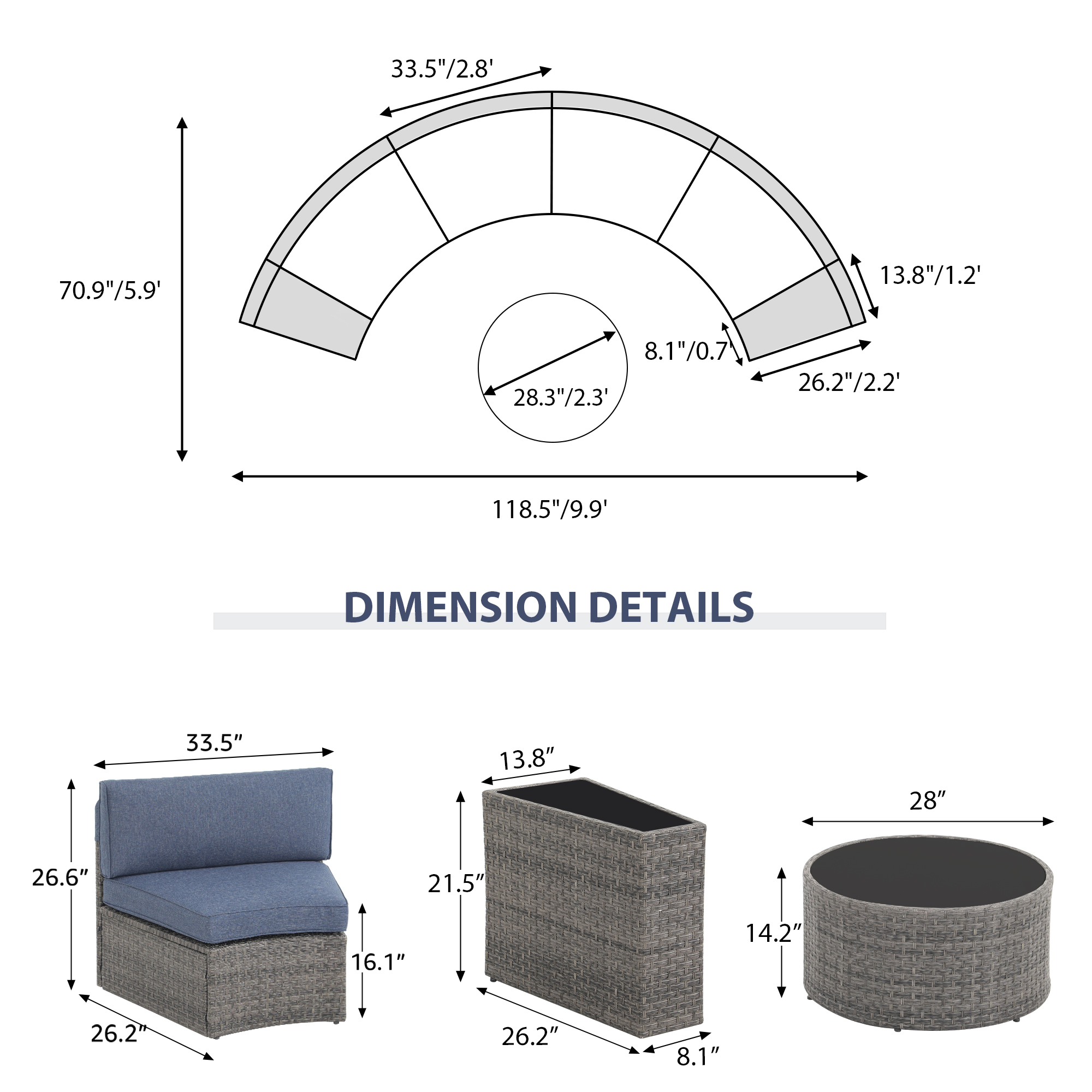 5-11 pcs Outdoor Curved Sofas, Curved Outdoor Sectionals,Denim Blue