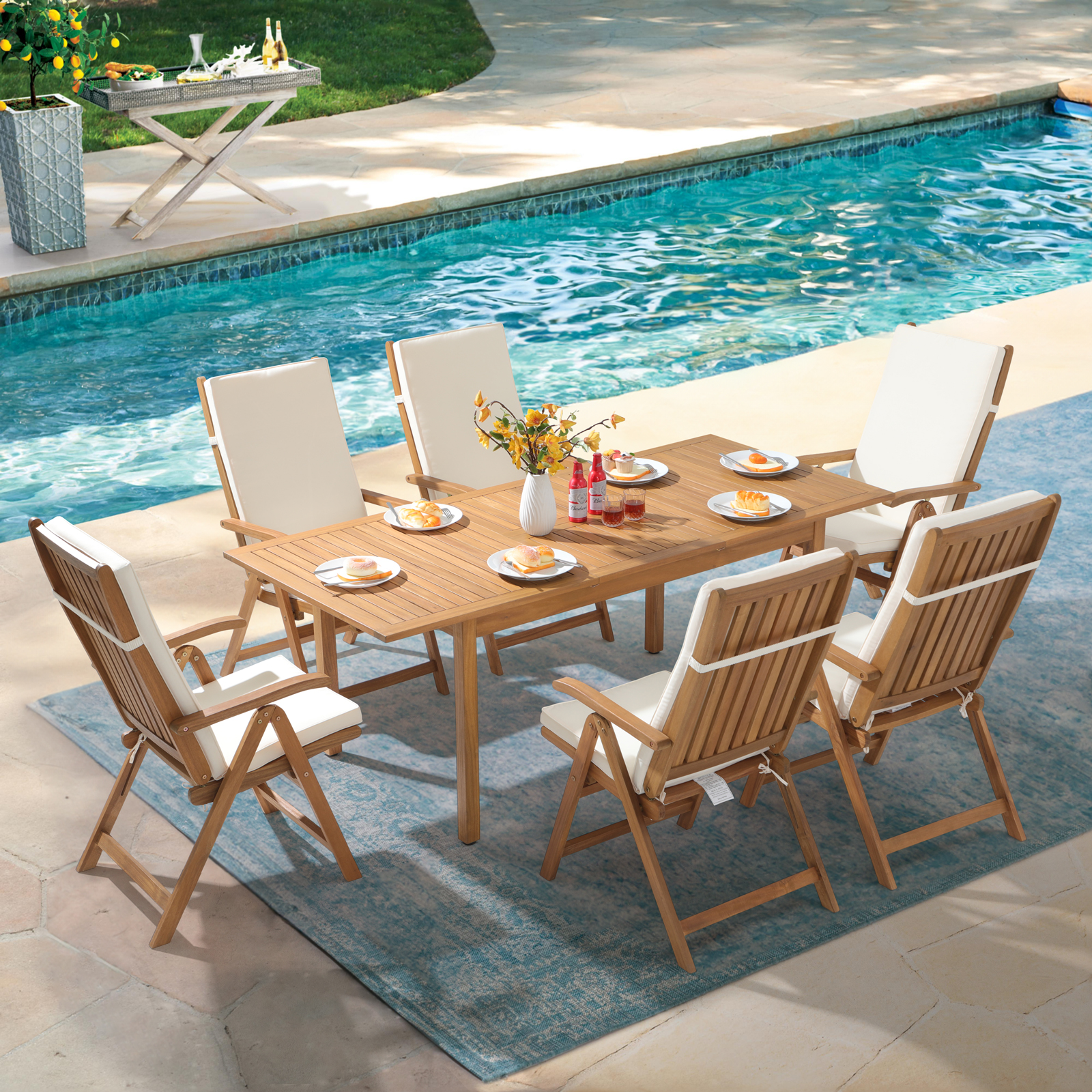 7 pcs Outdoor FSC Certified Acacia Wood Dining Set, 6 Foldable Reclining Chair and Extendable Dining Table