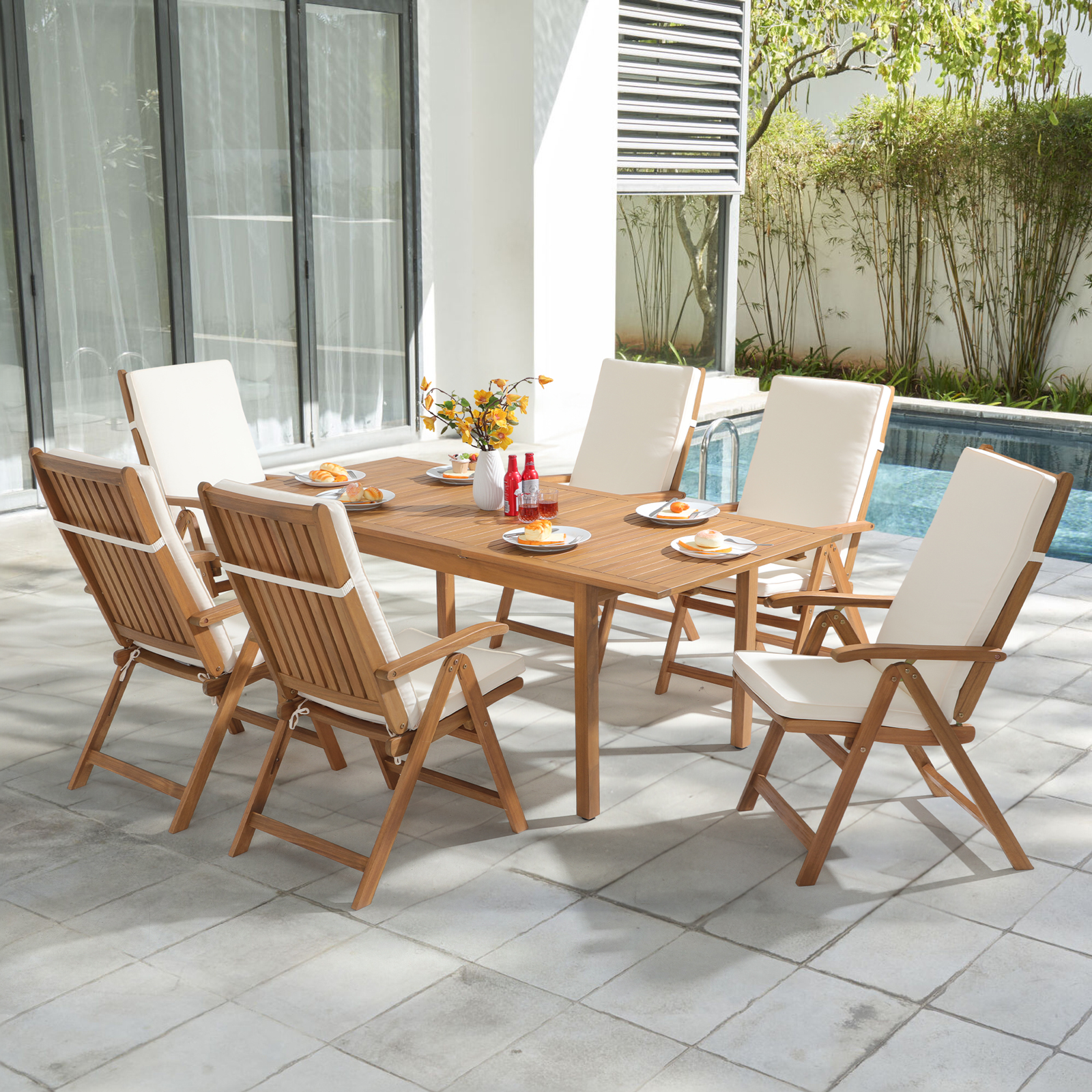 7 pcs Outdoor FSC Certified Acacia Wood Dining Set, 6 Foldable Reclining Chair and Extendable Dining Table