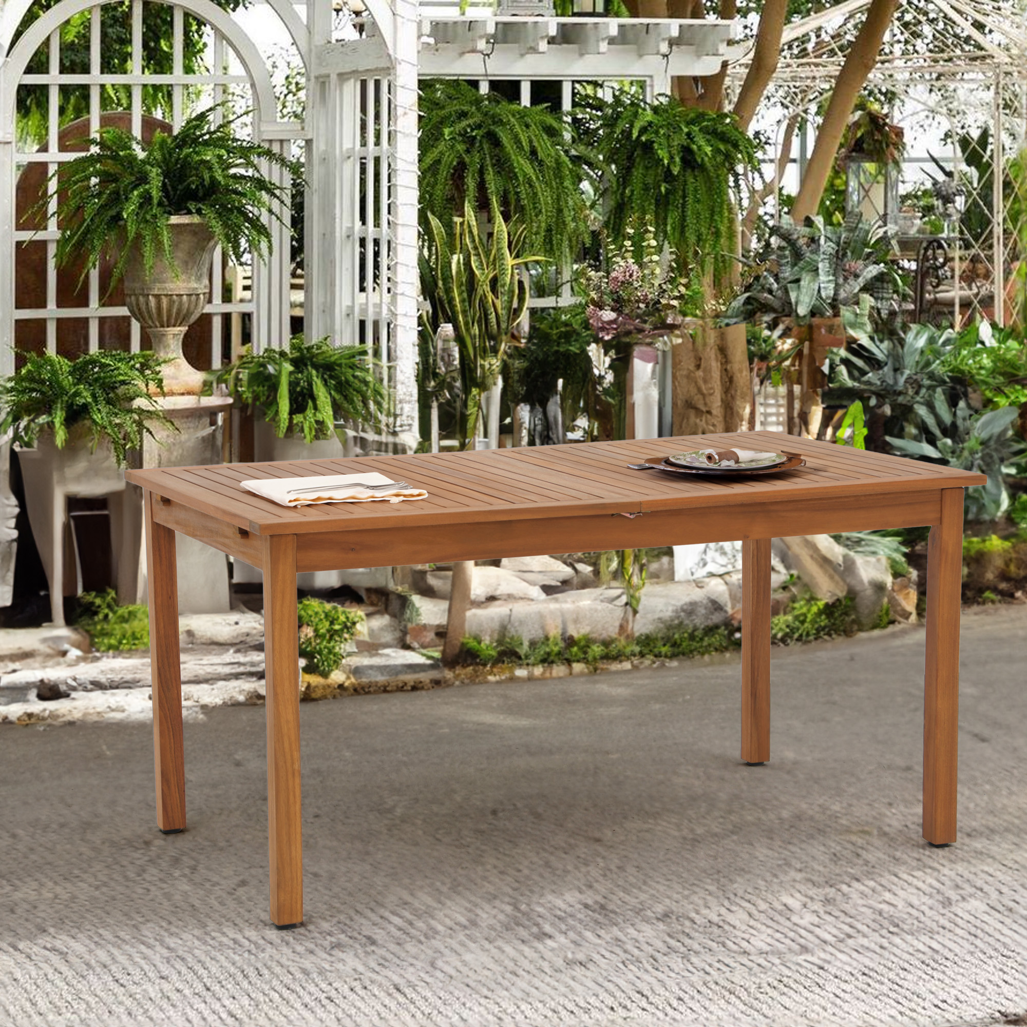 Outdoor Acacia Wood Rectangular Table,57''-79'' Extendable Solid Dining Table