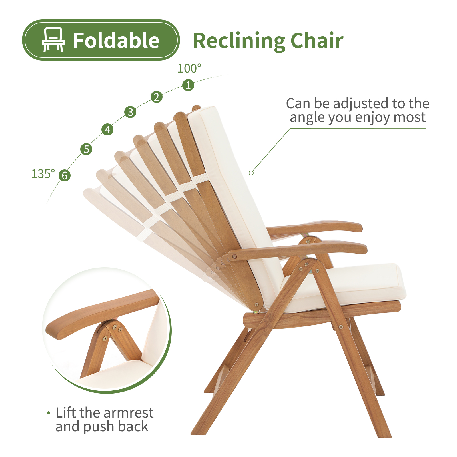 7 pcs Outdoor FSC Certified Acacia Wood Dining Set, 6 Foldable Reclining Chair and Extendable Dining Table