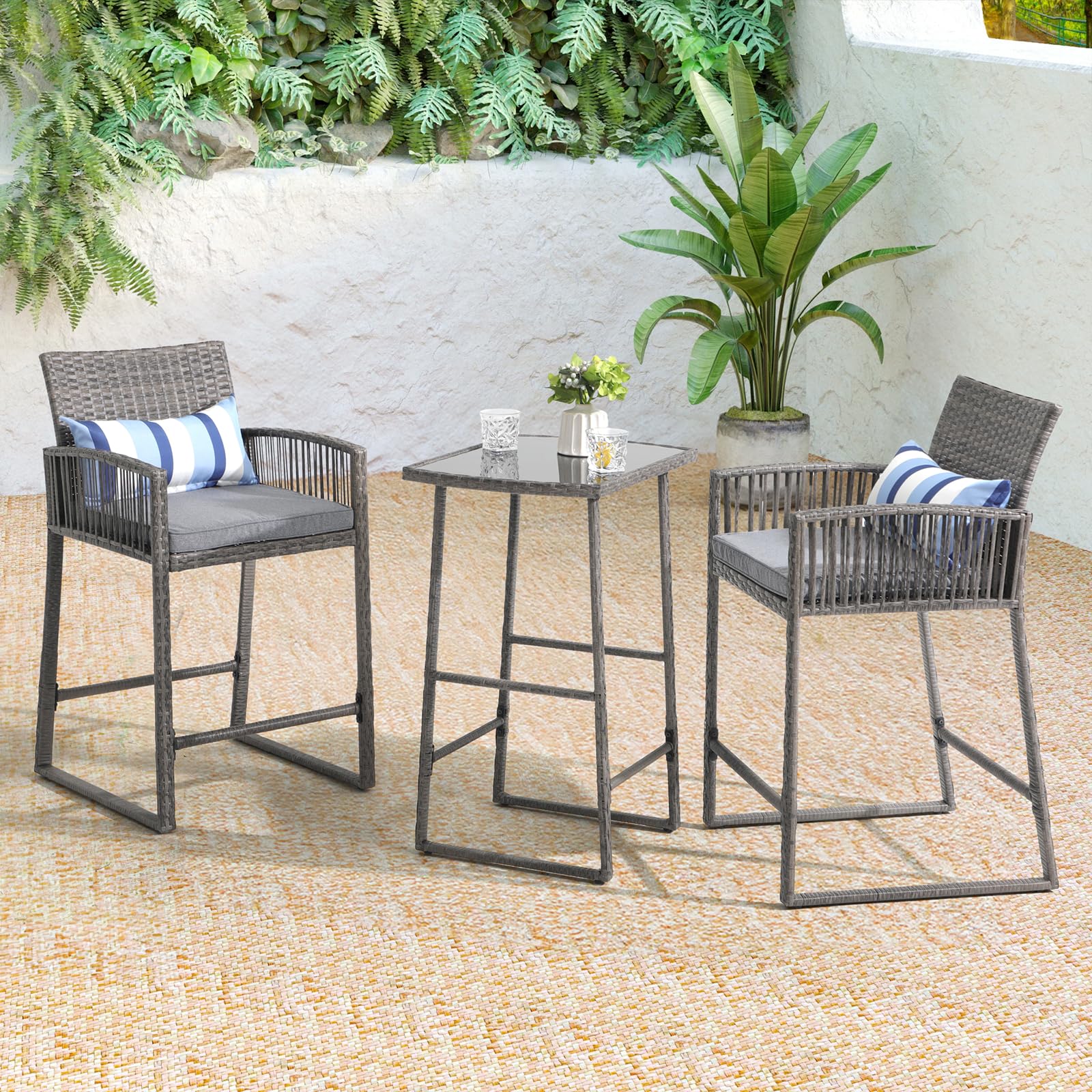 3pcs Wicker Patio Bistro Set Bar Height Table and Chairs with Cushions