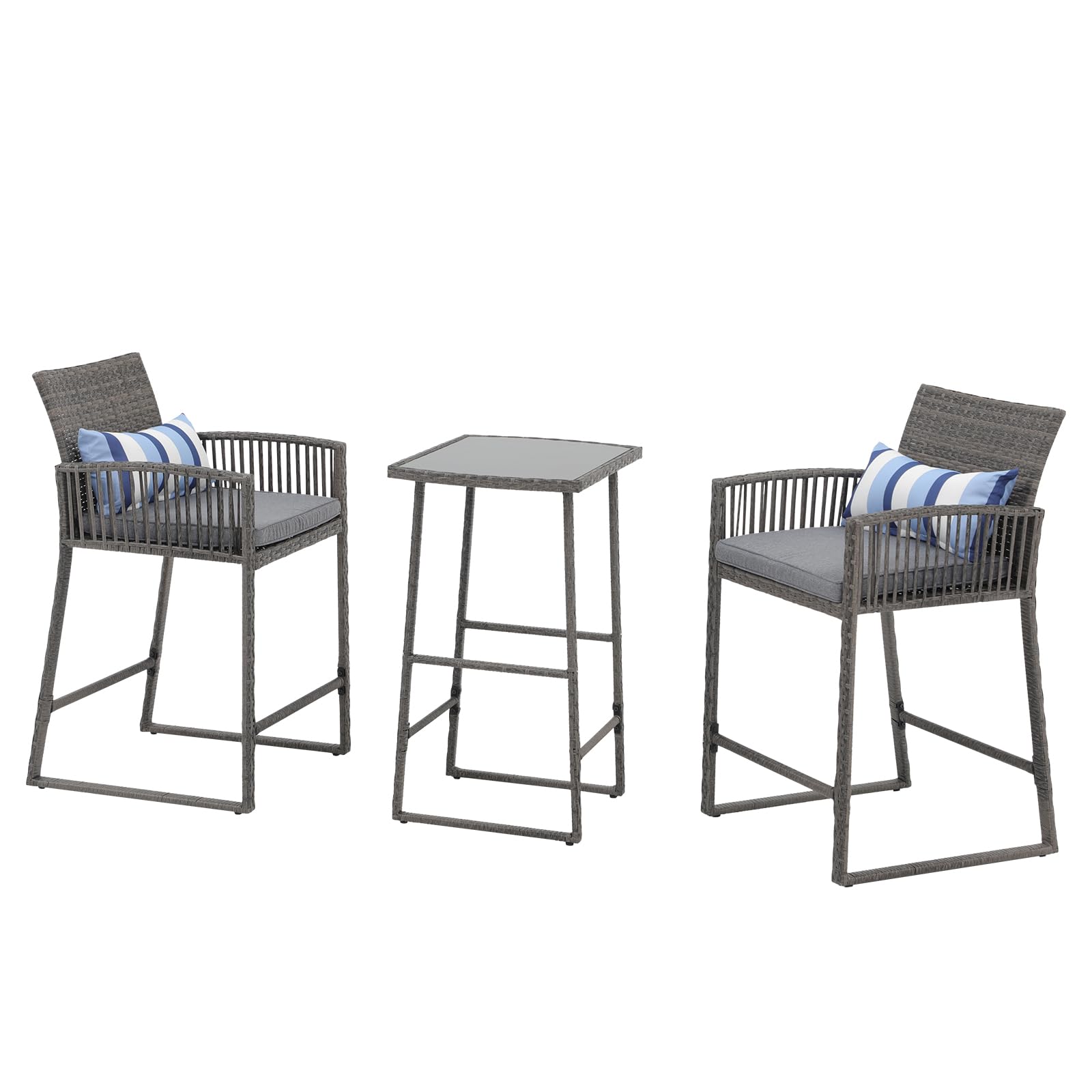 3pcs Wicker Patio Bistro Set Bar Height Table and Chairs with Cushions