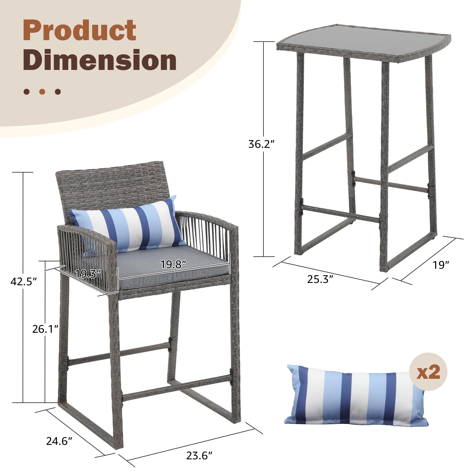 3pcs Wicker Patio Bistro Set Bar Height Table and Chairs with Cushions