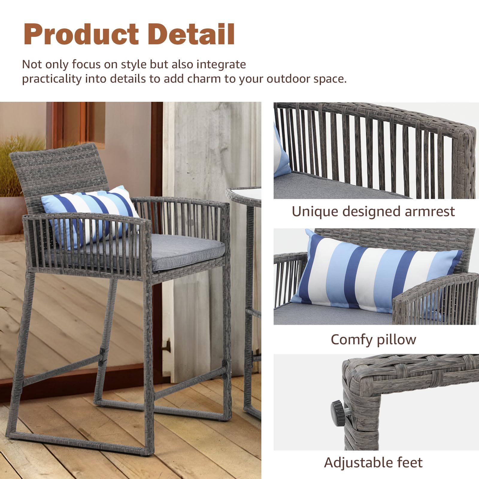 3pcs Wicker Patio Bistro Set Bar Height Table and Chairs with Cushions