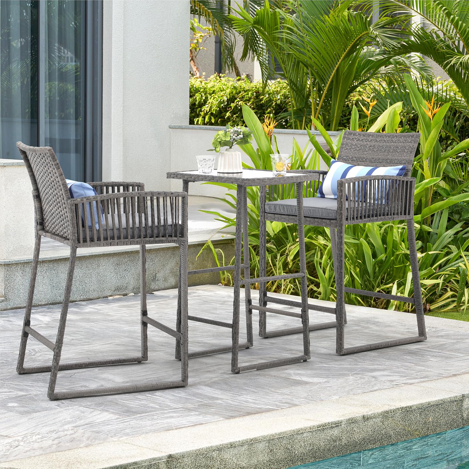 3pcs Wicker Patio Bistro Set Bar Height Table and Chairs with Cushions